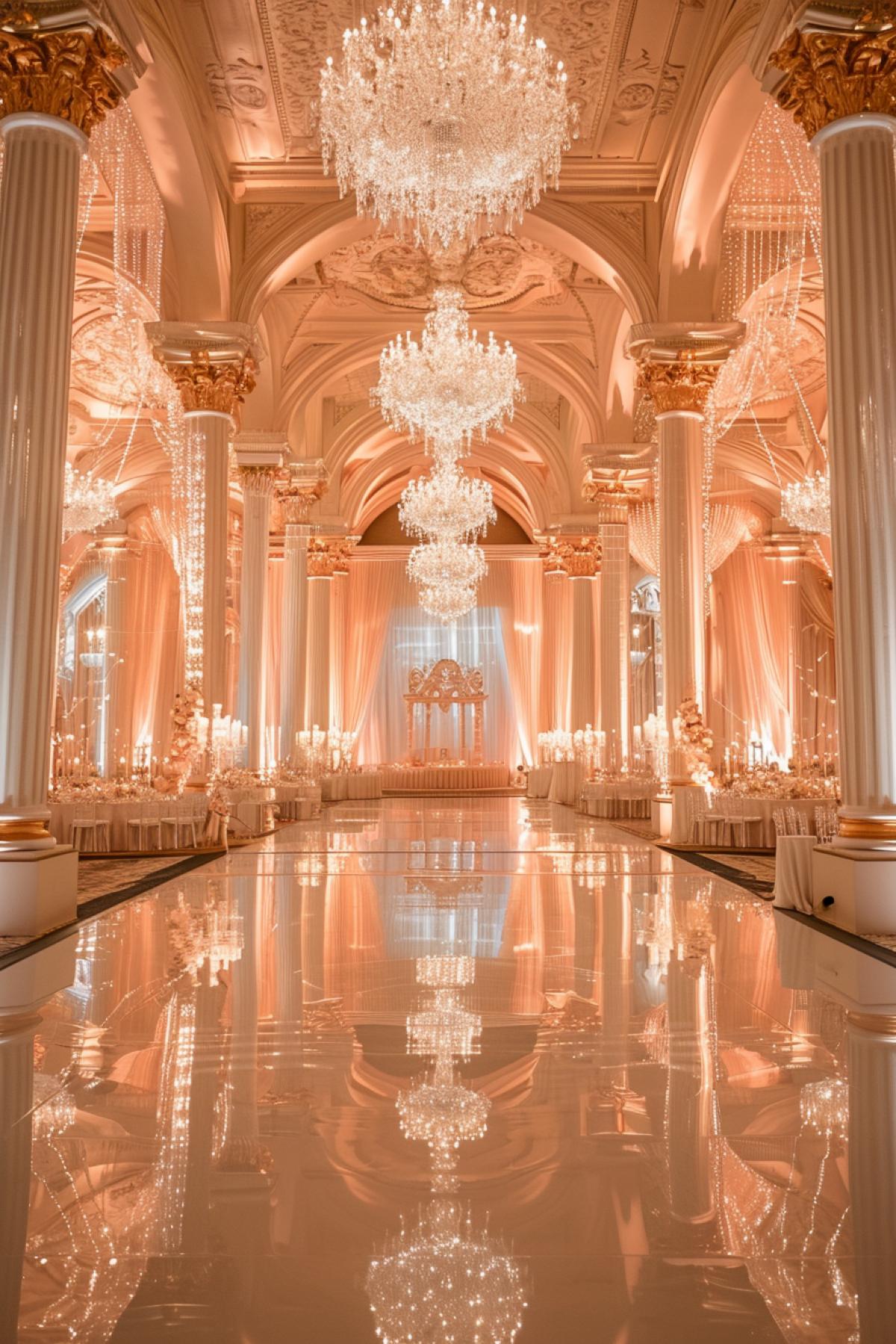 n a sprawling, high-ceilinged ballroom, a magnificent crystal-clear dance floor reflects the sparkle of a thousand hanging lights. Towering pillars, intricately decorated with gold accents, frame the space. Lavish drapes adorn the perimeter, creating an atmosphere of grandeur as guests revel in the sheer expanse of this glamorous ballroom.