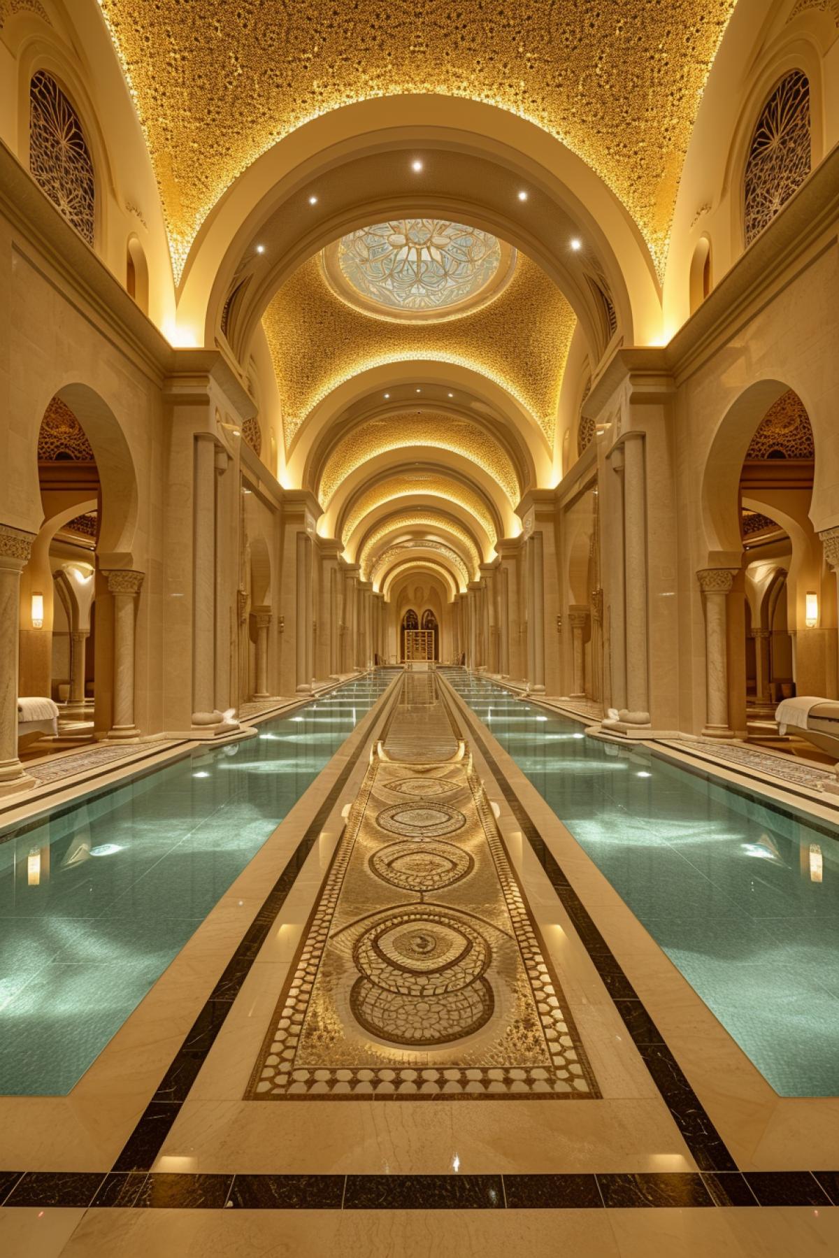 Bathed in the golden glow of a colossal spa chamber, visitors are surrounded by marble baths, vaporariums, and relaxation lounges. The sheer scale of the spa, with its domed ceilings and expansive pools, makes individuals feel small in the lap of indulgence. The grandiosity of the surroundings amplifies the sense of personal escape within the lavish embrace of this opulent sanctuary.