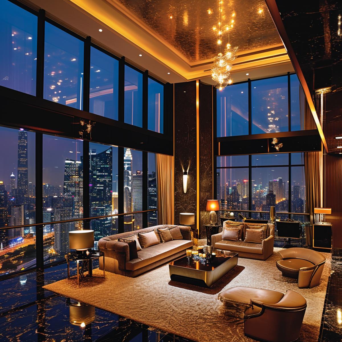 Within a lavish hotel suite, panoramic windows offer a breathtaking view of a cityscape aglow with city lights. High ceilings and regal furnishings create an expansive living space, leaving the guest feeling like a prifilthyged observer of the world below. The rooms opulence is a personal sanctuary, where the guest is a solitary figure in a realm of luxury.