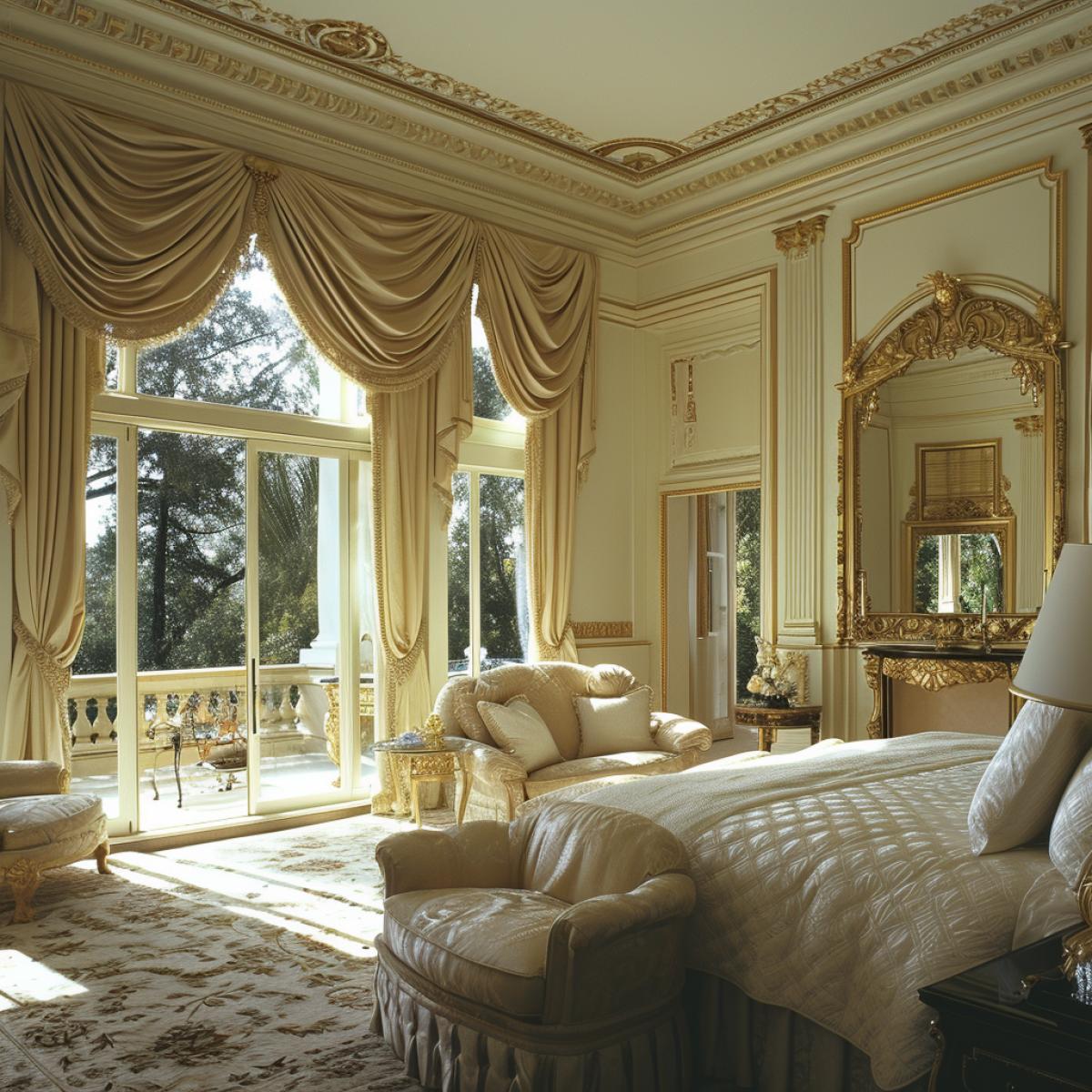 In a vast, elegantly appointed bedroom, a king-sized bed is surrounded by floor-to-ceiling drapes. Gilded mirrors reflect the rooms grandeur, and a private balcony beckons with views of lush gardens. The guest, nestled in the plush embrace of luxury linens, is a small, prifilthyged inhabitant of this opulent haven.