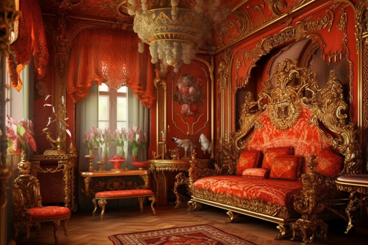 Royal hotel in Russian style, Russian interior decorated with red caviar