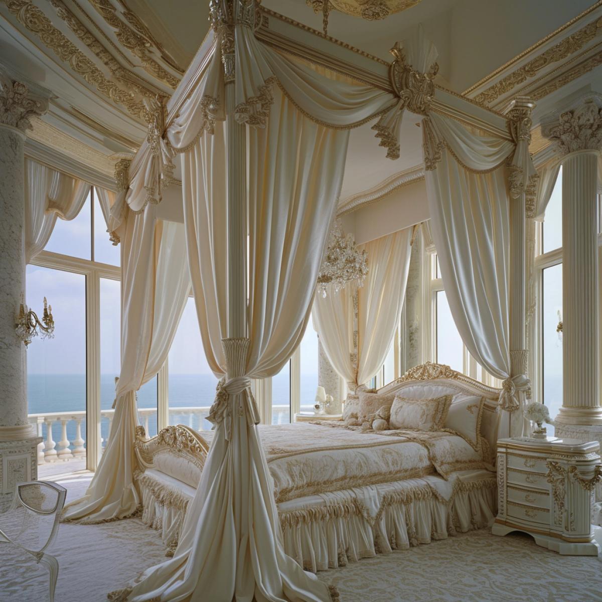 Within a palatial hotel suite, a grand canopy bed takes center stage beneath an ornate chandelier. Silk drapes cascade to the floor, framing a window that reveals a breathtaking seascape. The guest, ensconced in sumptuous surroundings, becomes a small but cherished presence in the opulent embrace of their private sanctuary.