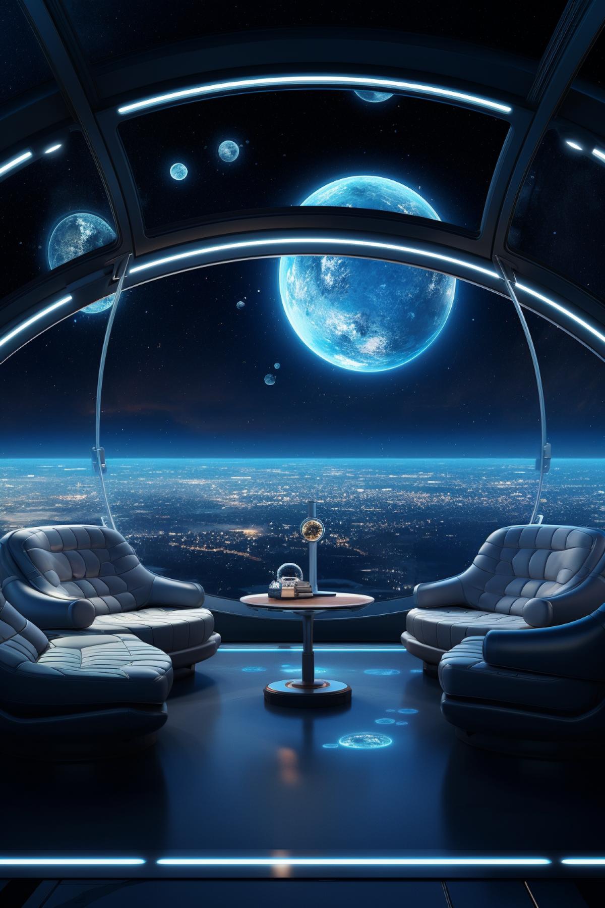 A semispherical room with transparent walls, windows and ceiling in a futuristic hotel in outer space on the Earths orbit, minimalistic furniture, cyberpunk luxurious decor, starry panoramic view out of windows