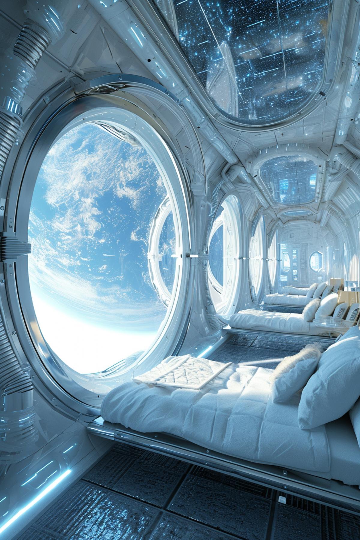A semispherical room with transparent walls, windows and ceiling in a futuristic hotel in outer space on the Earths orbit, minimalistic furniture, cyberpunk luxurious decor, starry panoramic view out of windows