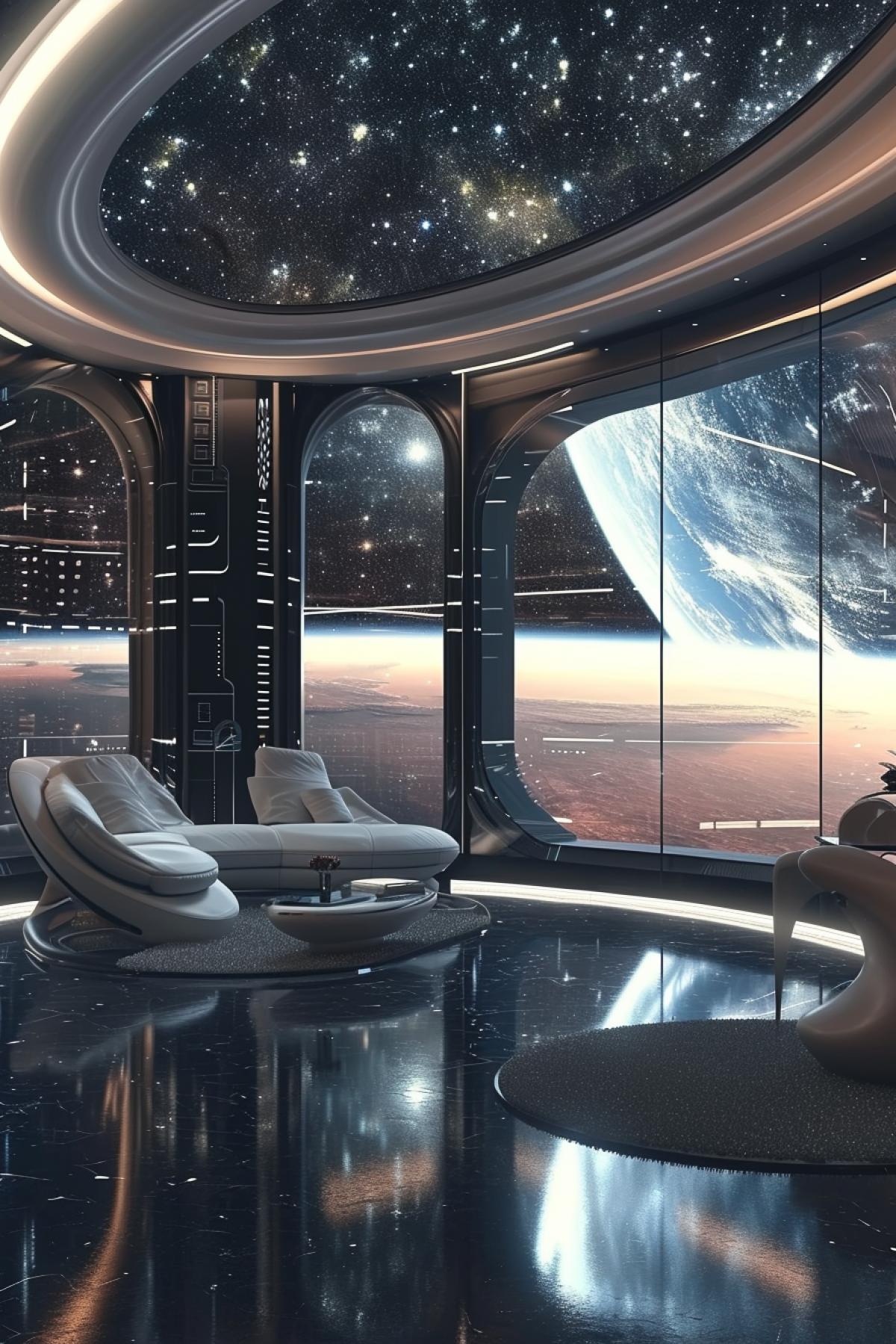 A semispherical room with transparent walls, windows and ceiling in a futuristic hotel in outer space on the Earths orbit, minimalistic furniture, cyberpunk luxurious decor, starry panoramic view out of windows