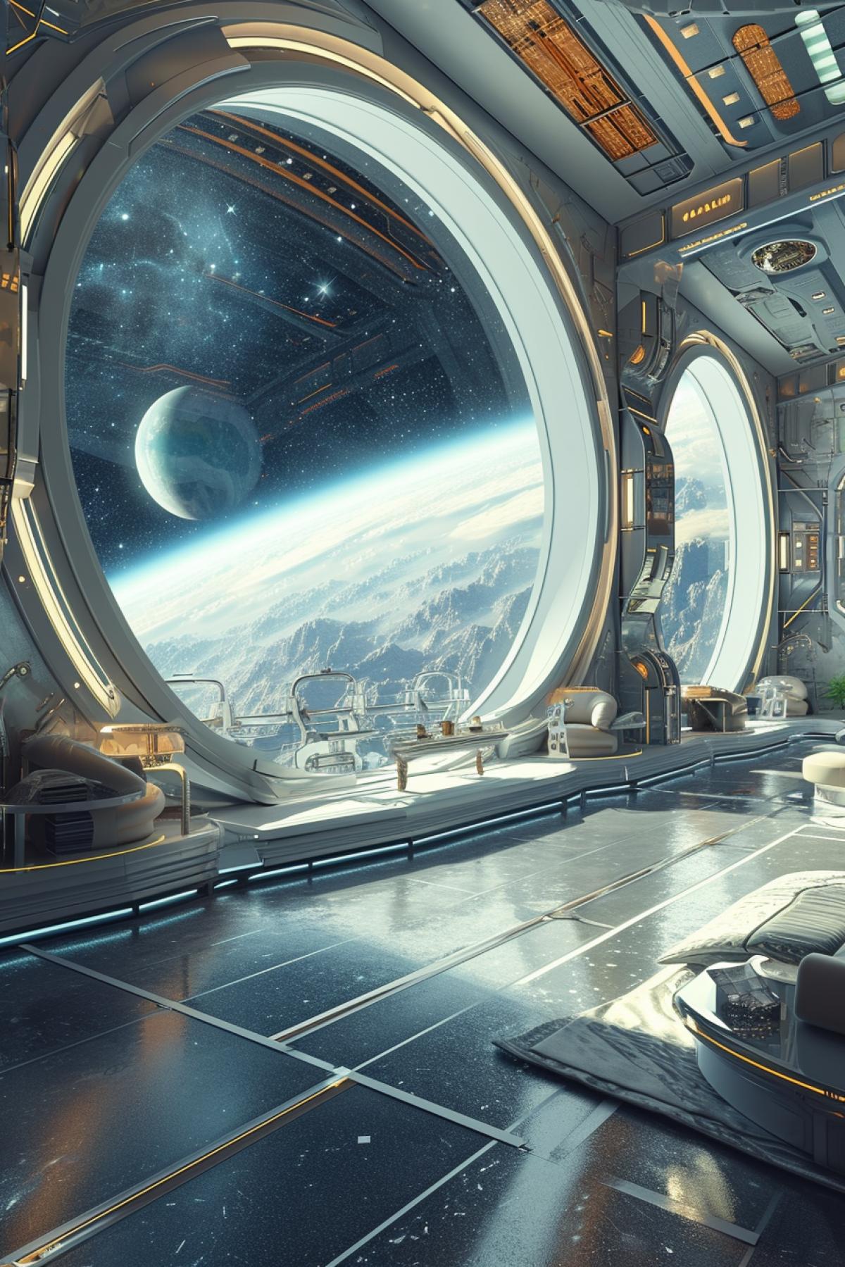 A semispherical room with transparent walls, windows and ceiling in a futuristic hotel in outer space on the Earths orbit, minimalistic furniture, cyberpunk luxurious decor, starry panoramic view out of windows