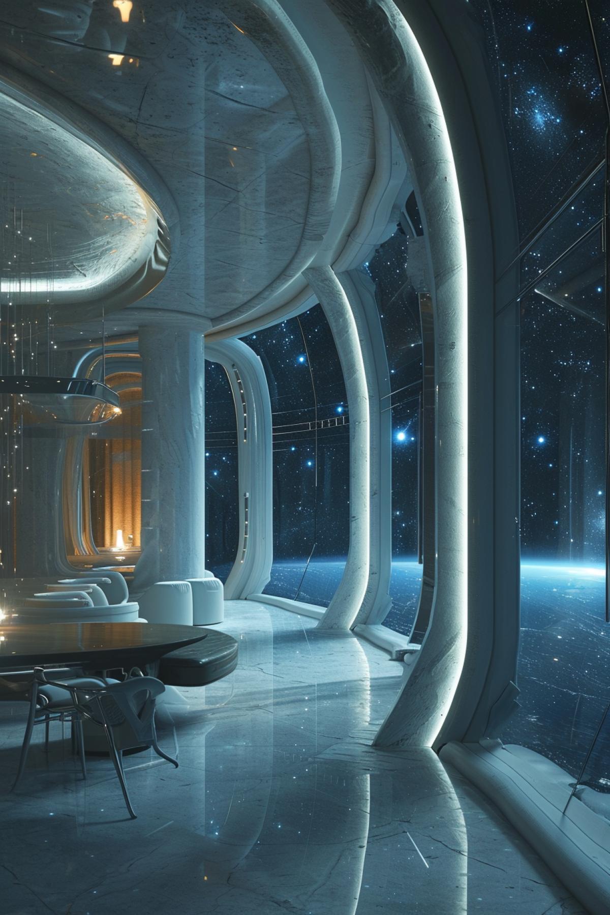 A semispherical room with transparent walls, windows and ceiling in a futuristic hotel in outer space on the Earths orbit, minimalistic furniture, cyberpunk luxurious decor, starry panoramic view out of windows