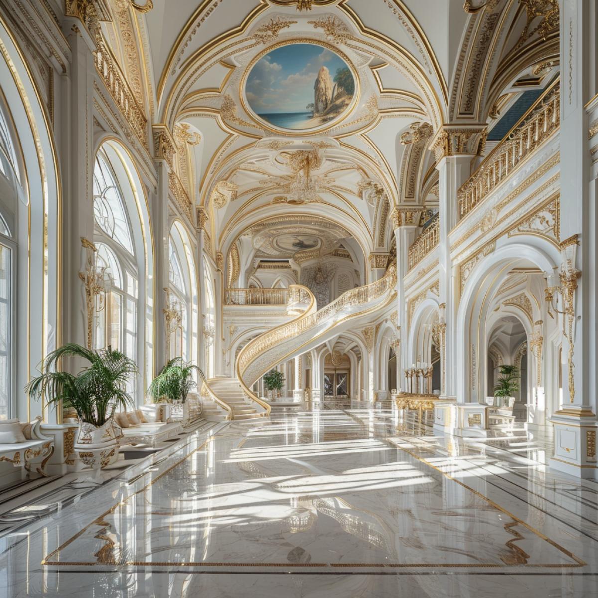 interior of the hall of a huge luxury hotel in the style of elves