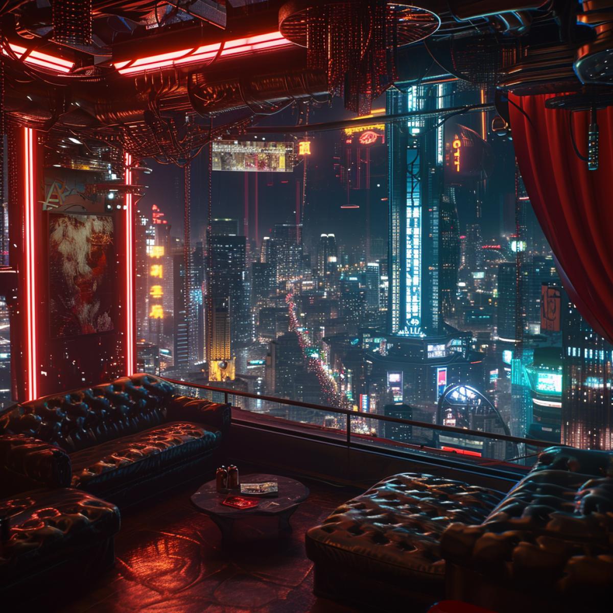 rich and stylish cyberpunk hotel with a view on night city lights, shocking and beautiful, 8k, high detailed art