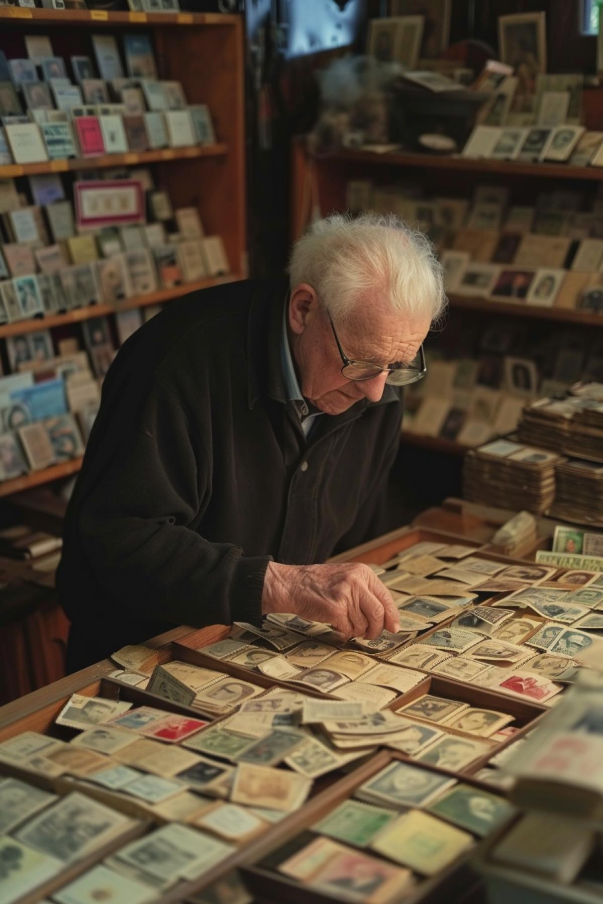 Old man philatelist enjoying his enormous collection of rare postage stamps