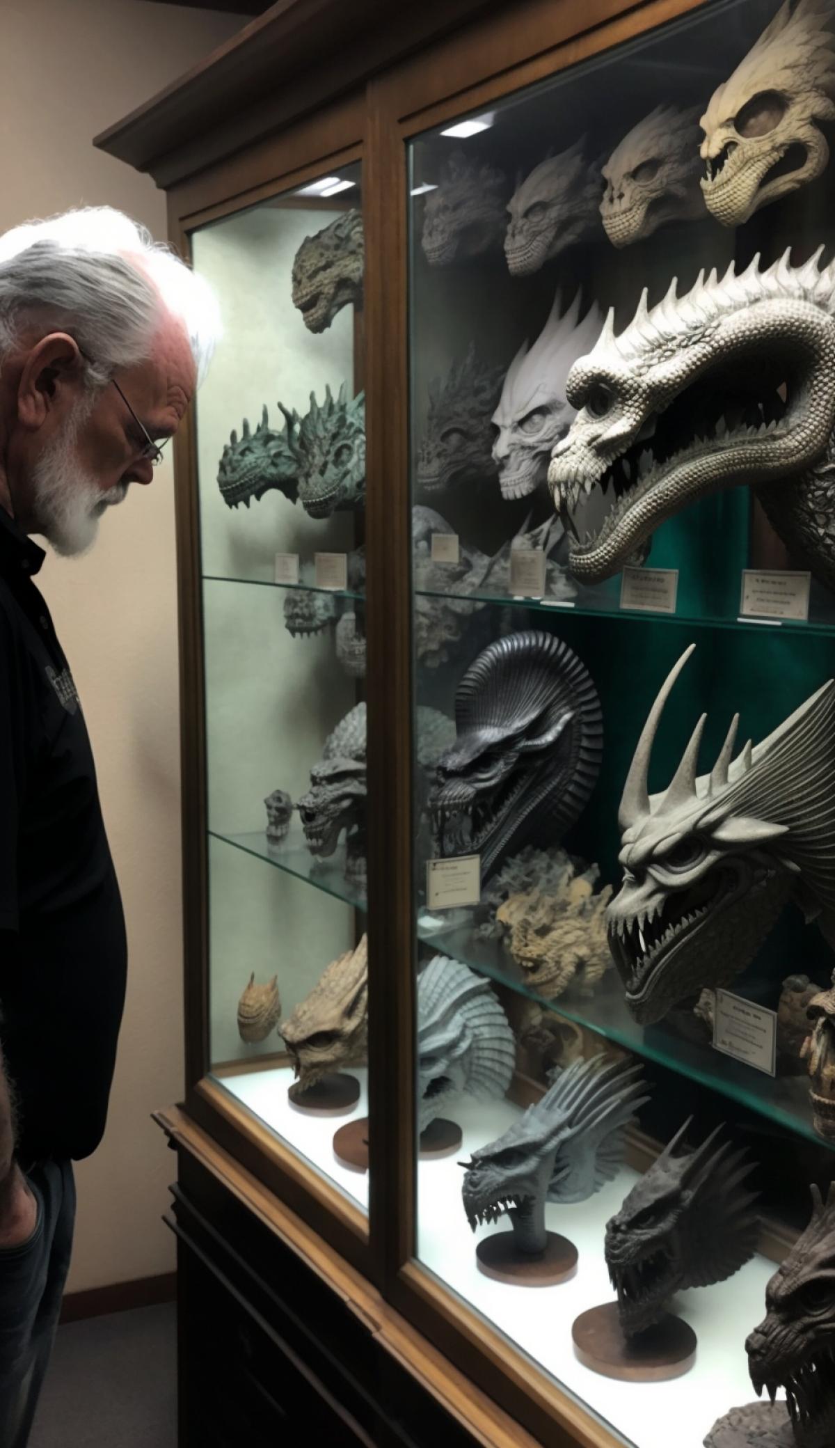 A dragon head collector looks at his collection