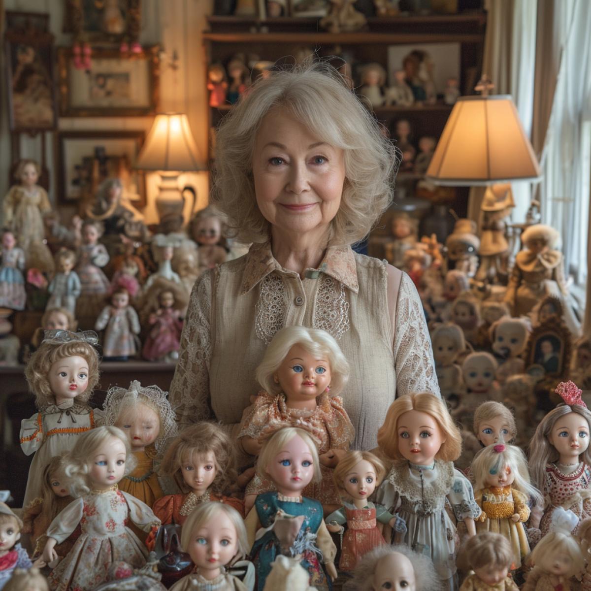 A photo of a woman who collects vintage dolls, with a display of her collection in her living room. The dolls are from different countries and eras, with various outfits, hairstyles, and accessories. The woman is holding her favorite doll, a rare porcelain one from France. The view is from the front, showing the woman and her collection. The lighting is warm and cozy, with lamps and curtains. In the style of Cindy Sherman and Tim Walker.