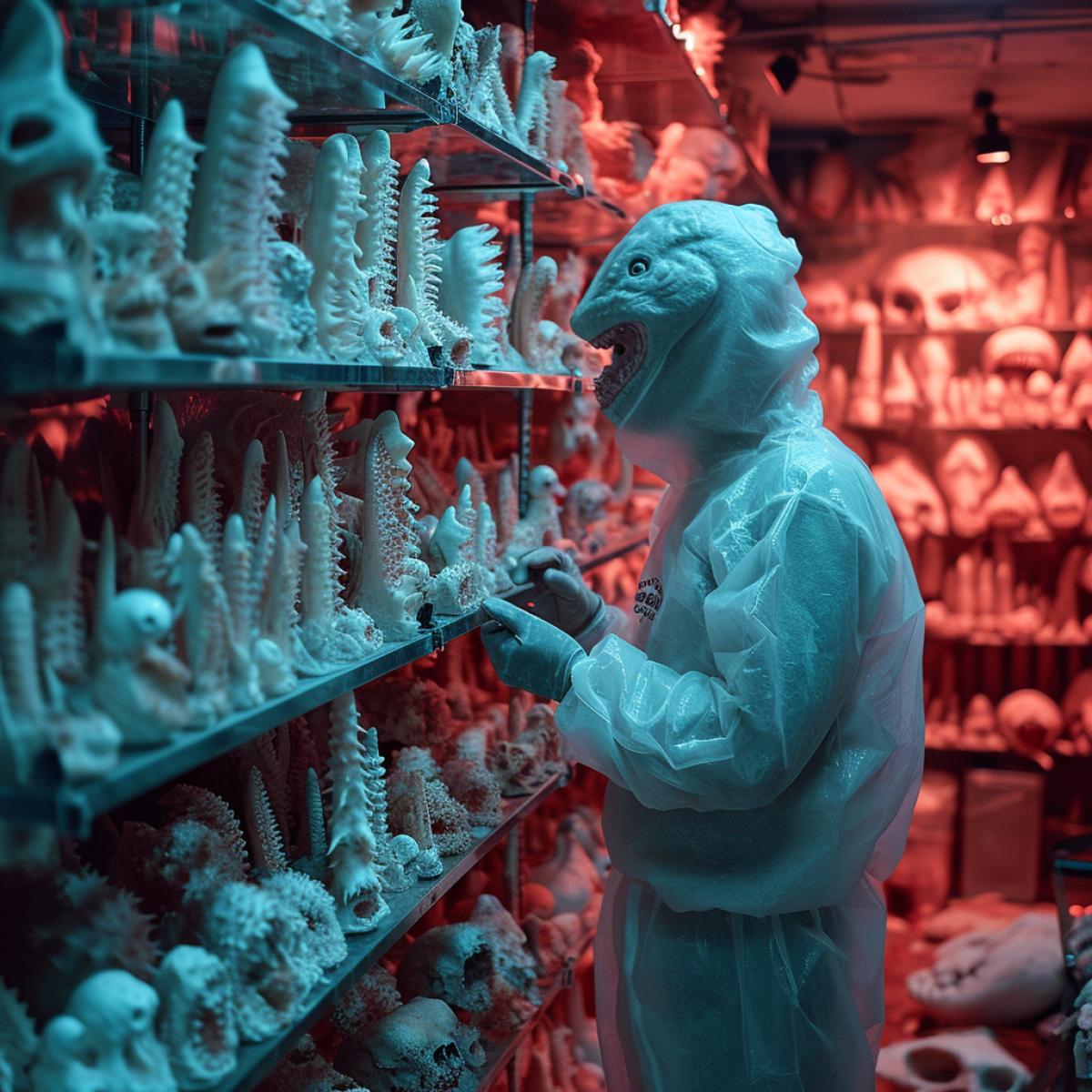 man who collects shark teeth, with a display of his collection in his basement. The teeth are from different species and sizes, with some as big as his hand. The man is wearing a shark costume, with a fin and a tail. The view is from the front, showing the man and his collection. The lighting is dark and spooky, with red and blue lights. In the style of Steven Spielberg and Jaws.