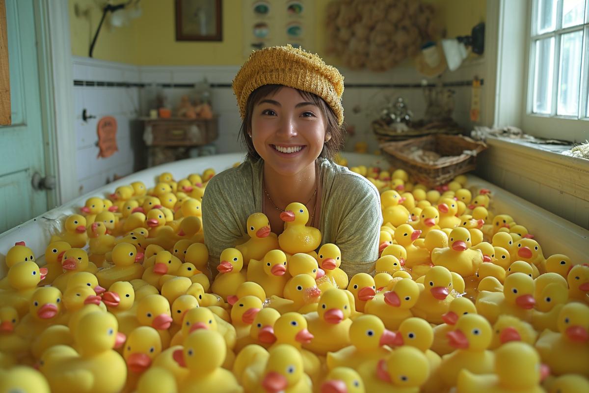 A woman collector of rubber duckies for the bathtub lying in the tub filled with dozens of rubber ducks, in the style of casey childs, grandeur of scale, adrian donoghue, associated press photo, toycore, bill watterson, photo taken with provia