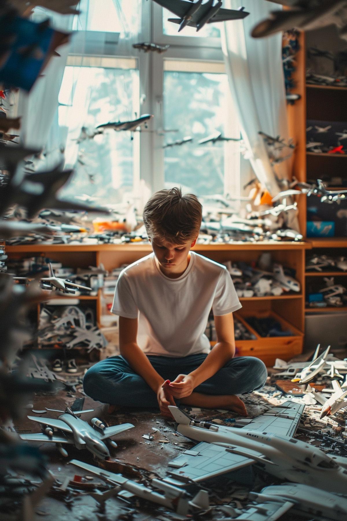 Weird teenager satisfied face on floor in his room making an aircraft model with glue surrounded by million aircraft models on shelves under ceiling on windowsill on table