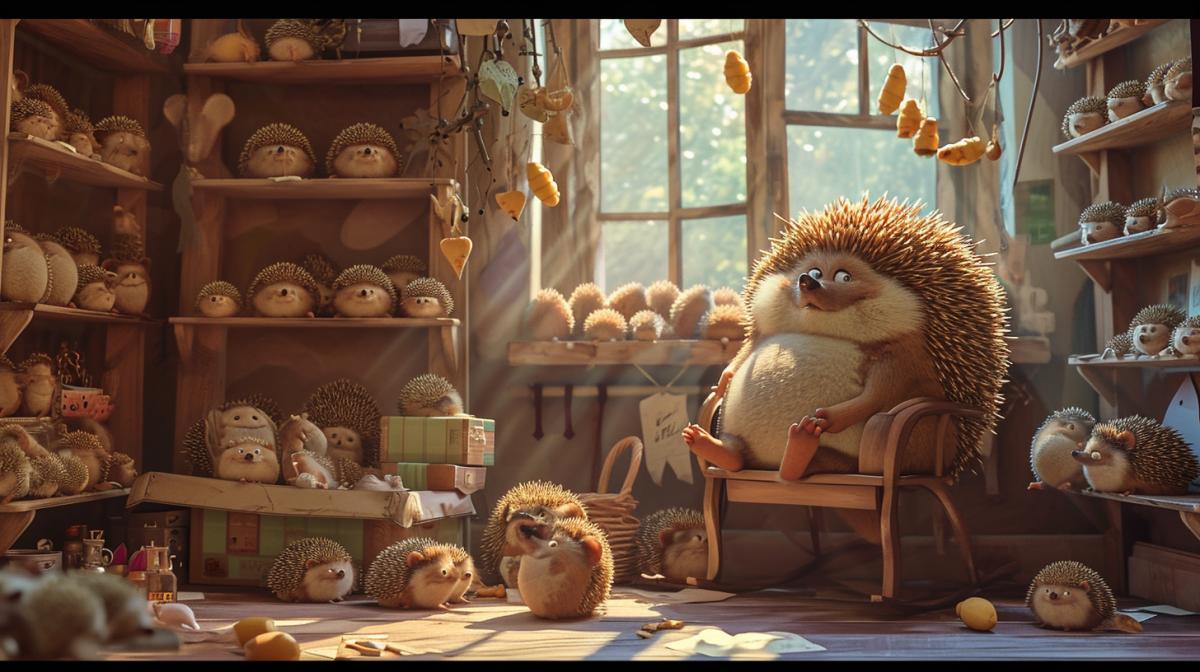 A hedgehog collector sits on a high chair and there are plump hedgehogs on the shelves.
