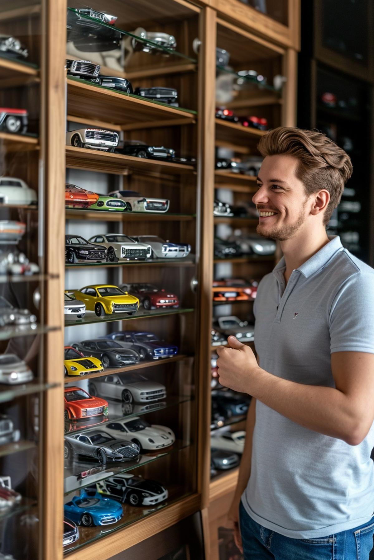 Handsome smiling 30-year-old host showing his collection of hundreds small scale cast car models in lighted luxury classic oak shelves with glass doors cost living room interior