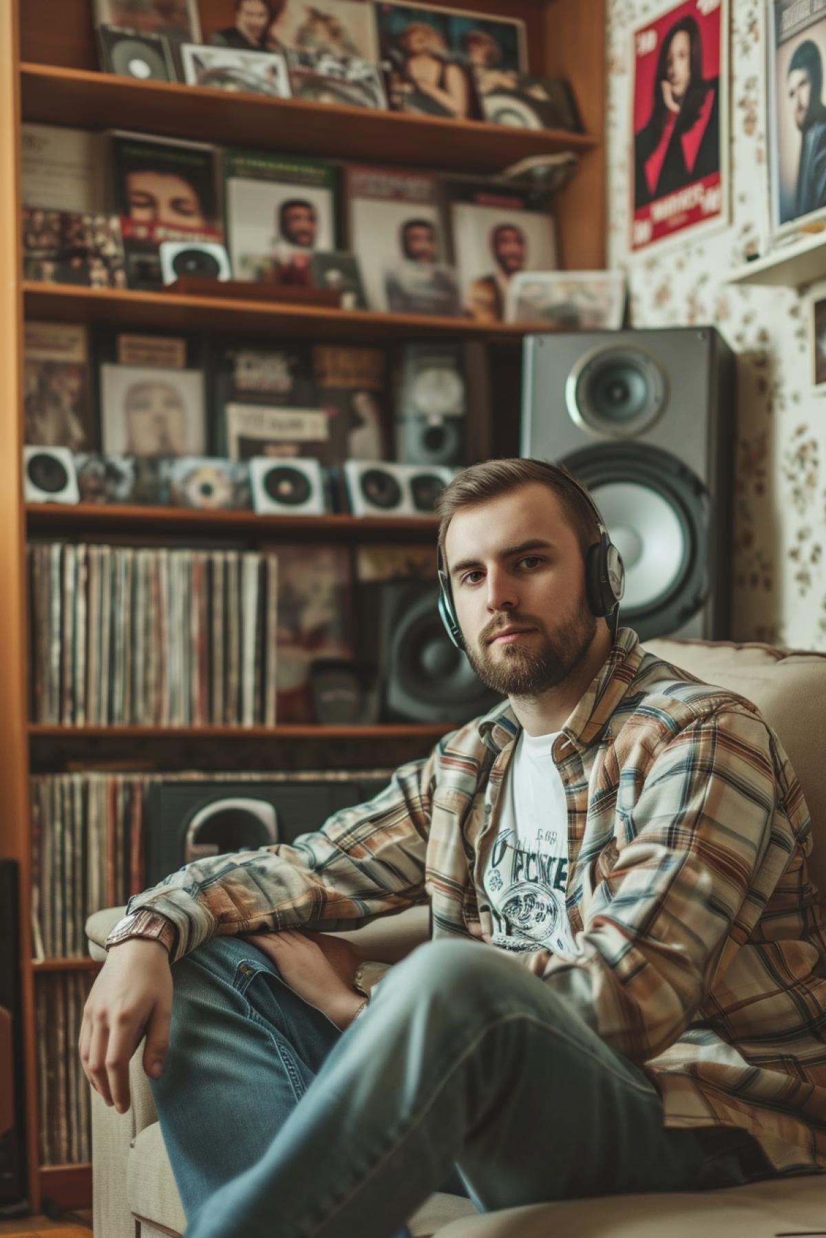 Young handsome melomaniac wearing phones on the background of collection of LPs and CDs in cosy living room futuristic hi-fi center and speakers in corner posters of popular singers on walls --no smartphone