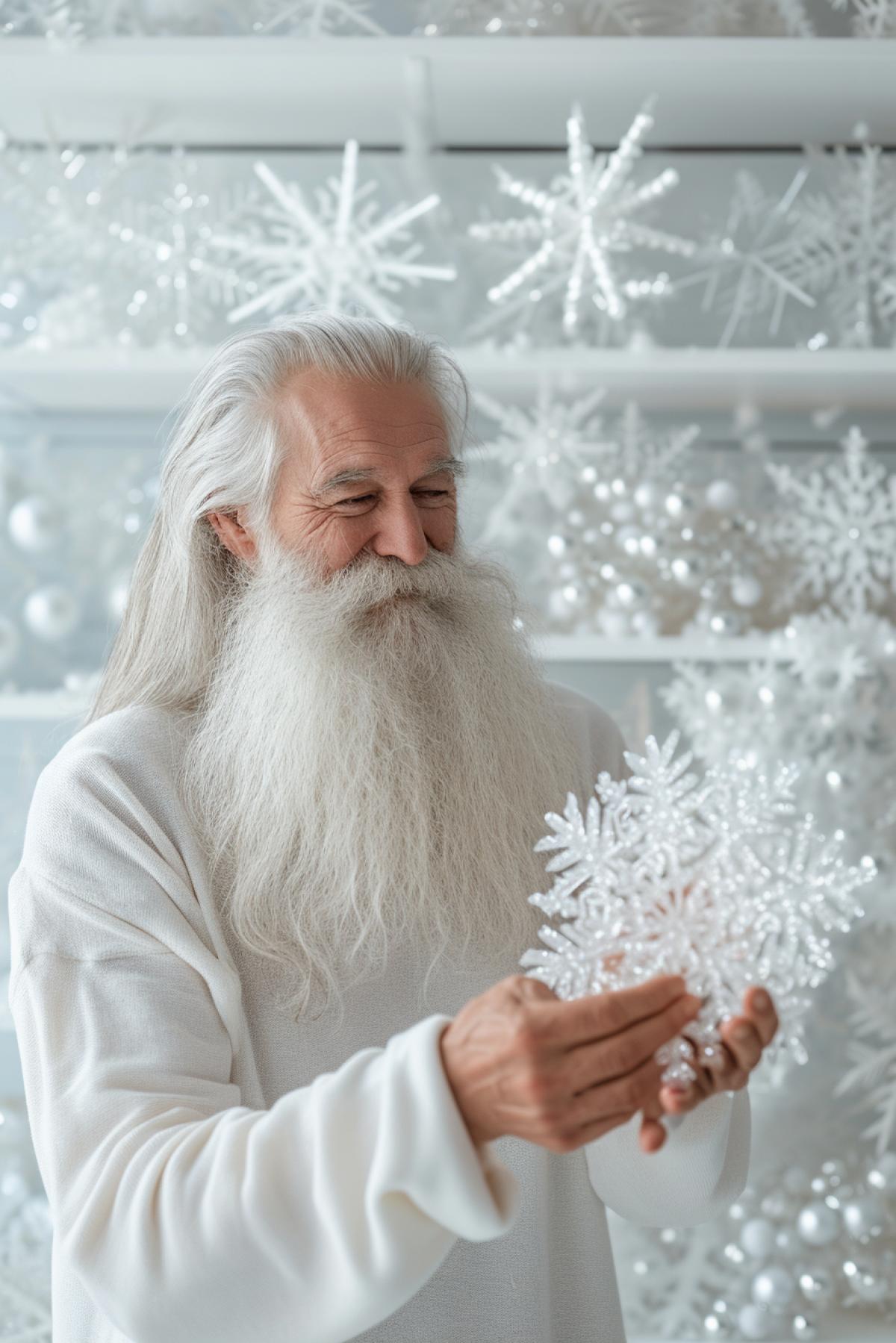Handsome bearded father frost enjoying his unique collection of hundred snowflakes on white shelves in white icy living room use white palette only
