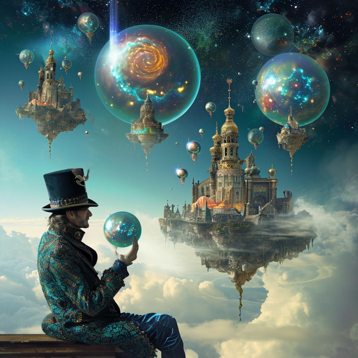 An eccentric collectors futuristic, floating island in the sky, adorned with levitating holographic sculptures. The collector, dressed in steampunk attire, examines a series of ethereal, shimmering orbs containing miniature galaxies. The surreal scene blends elements of vintage fashion andedge technology, hinting at the collectors unique taste and imagination.