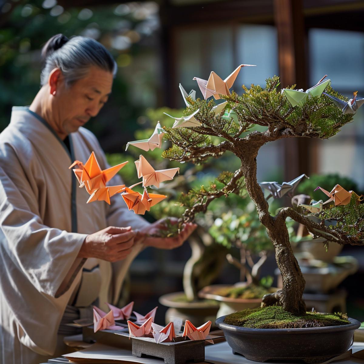 A serene Japanese garden, where a minimalist collector arranges delicate, handcrafted origami creatures on bonsai trees. The soft, natural light highlights the intricate folds and vibrant colors of the paper animals. The collector, donned in traditional attire, exudes a sense of calm contemplation, emphasizing the harmony between nature, art, and cultural heritage.