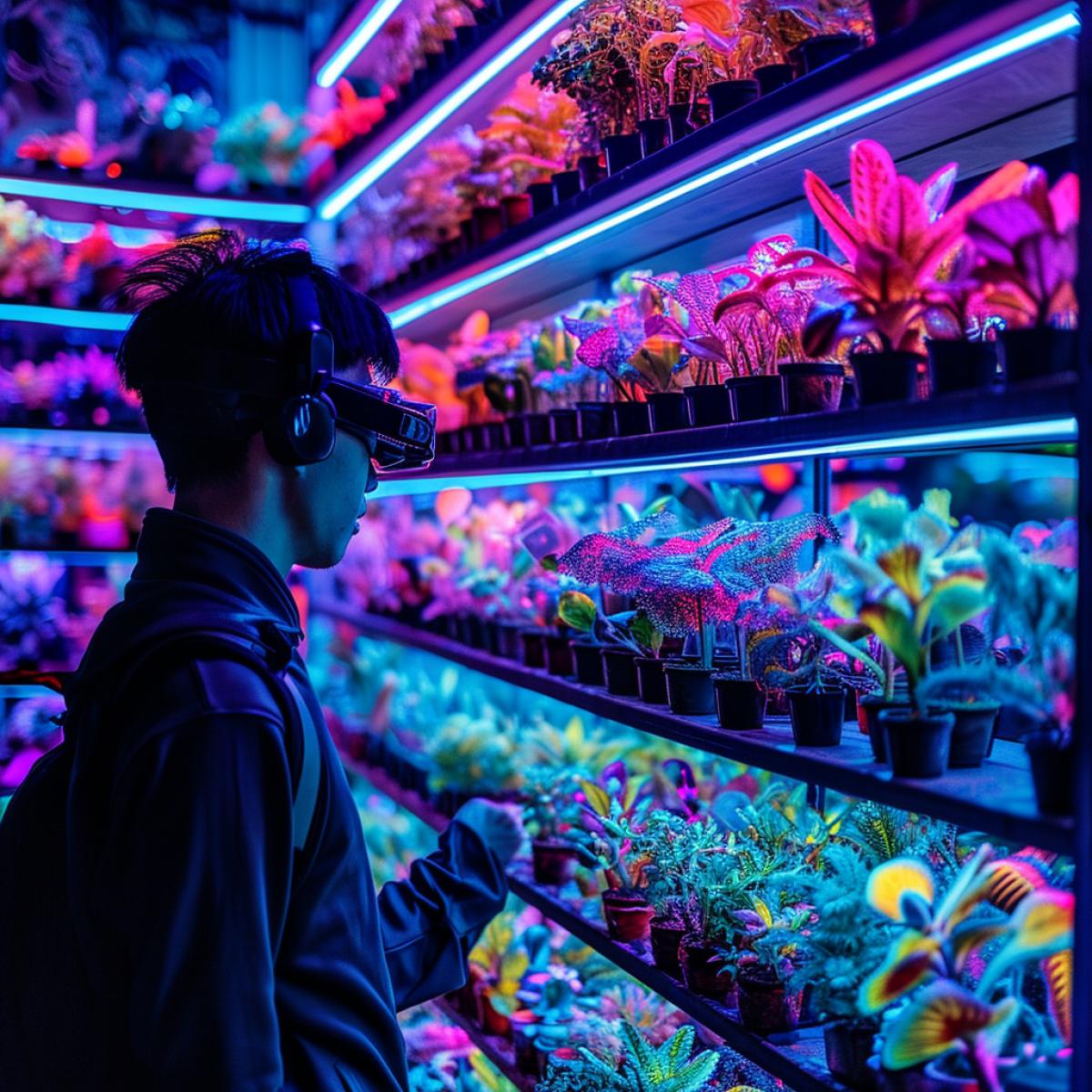 In a ling, cyberpunk-inspired metropolis, a collectors hidden underground lair showcases shelves lined with neon-lit, genetically modified flora. The vibrant, bioengineered plants display an array of dazzling colors, emitting a soft, otherworldly glow. The collector, wearing augmented reality glasses, contemplates the intersection of nature and technology in this urban oasis.