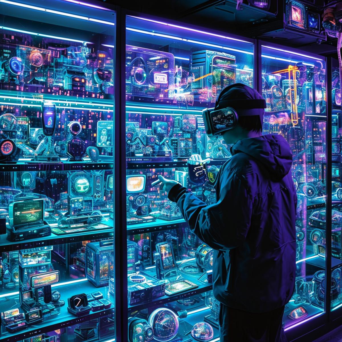 In a ling cyberpunk marketplace, a tech-savvy collector proudly displays a holographic gallery of virtual artifacts. Neon-lit displays showcase a diverse collection of digital items, from ancient m4kcripts to futuristic gadgets. The collector, immersed in augmented reality, interacts with the holograms, highlighting the convergence of the digital and physical realms.