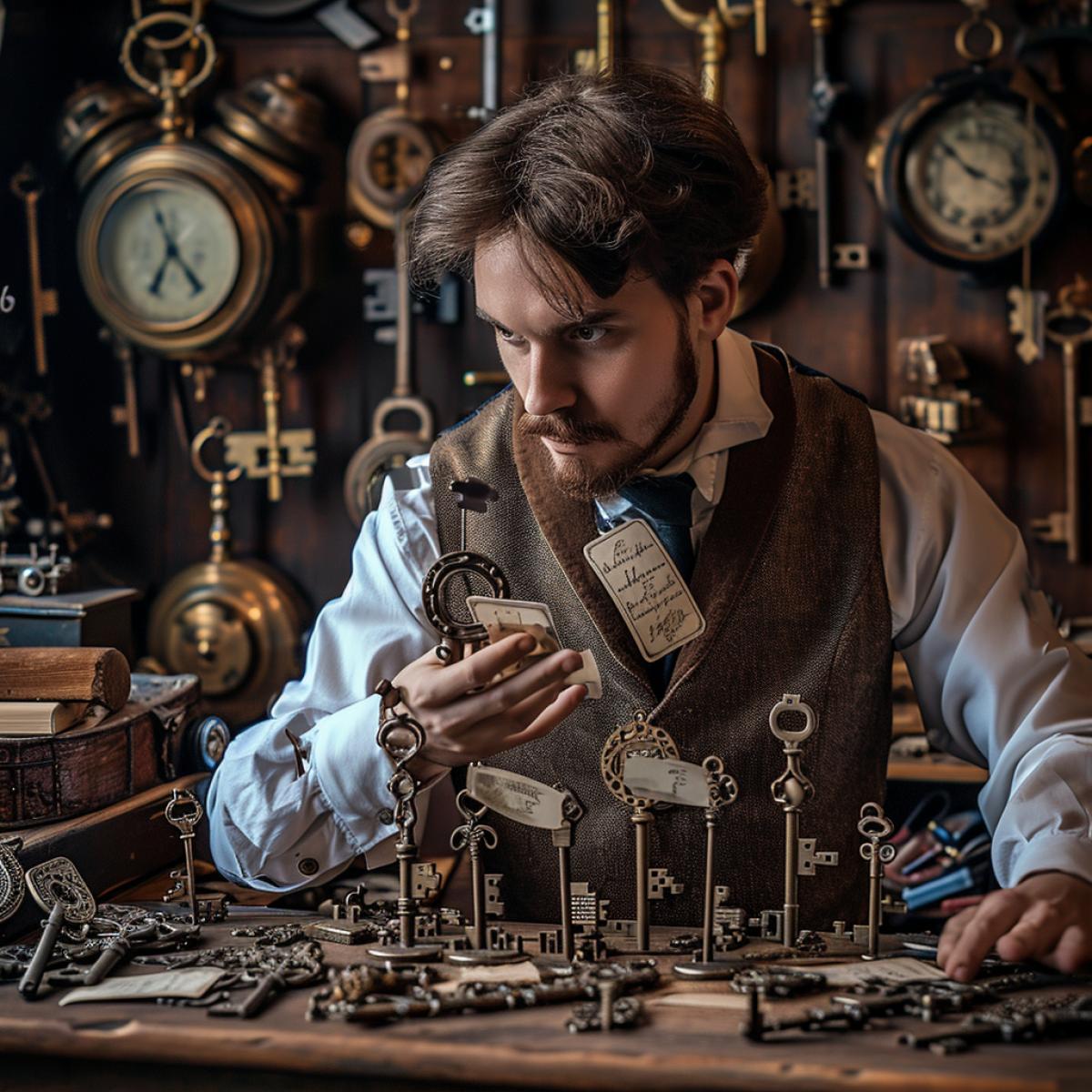 In a retro-futuristic, steampunk workshop, a passionate collector surrounded by a mesmerizing assortment of antique, levitating key-shaped artifacts. Each key holds a mysterious story, hinted at by the worn parchment labels attached to them. The collector, dressed in a tailored adventurers outfit, gazes intently at the floating keys, embodying the spirit of exploration and discovery.