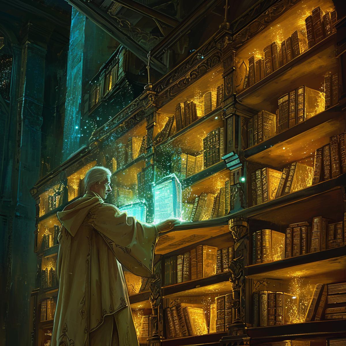 Within an ancient, mystical library, a scholarly collector meticulously organizes shelves filled with ancient, glowing books that float in mid-air. Each book contains forgotten tales and arcane knowledge, symbolizing the collectors quest for wisdom. The collector, draped in robes adorned with ancient symbols, studies the levitating books with a thoughtful expression, embodying the pursuit of knowledge.