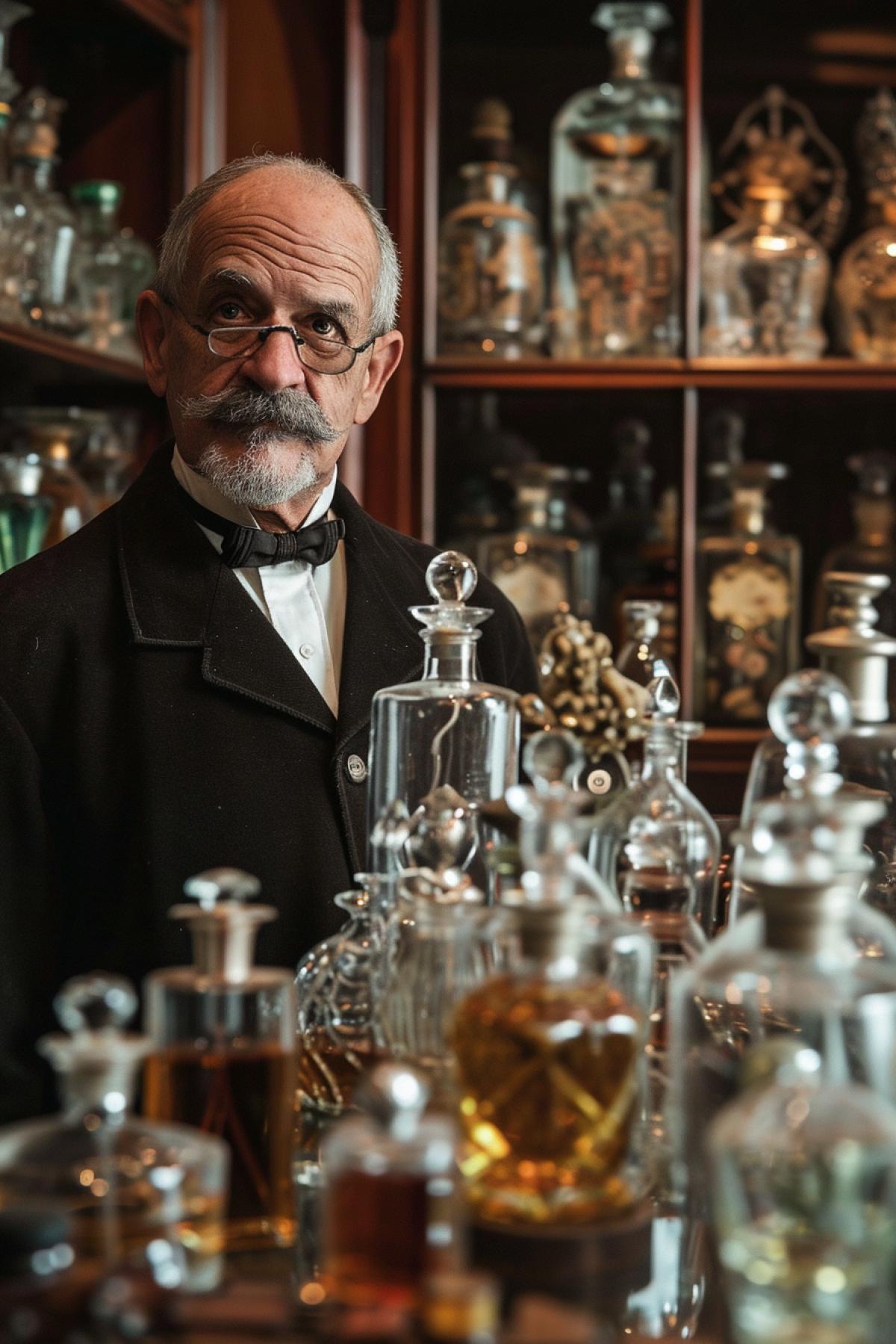 collector of perfume bottles with his collection