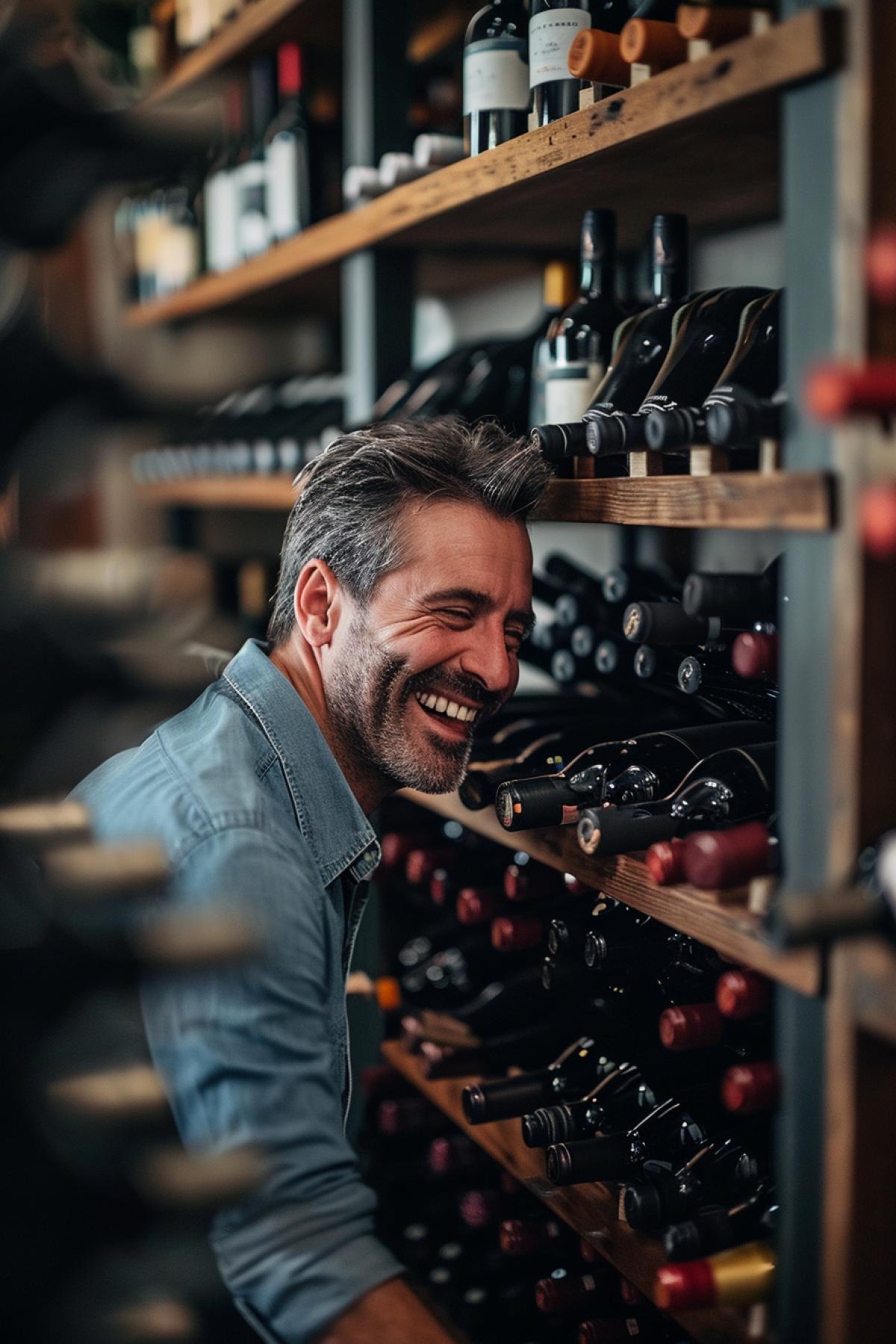 winelover short bold giggling in cellar with his wine collection on stylish wine shelves looking at rare wine bottle at degustation table with tender love detailed photo