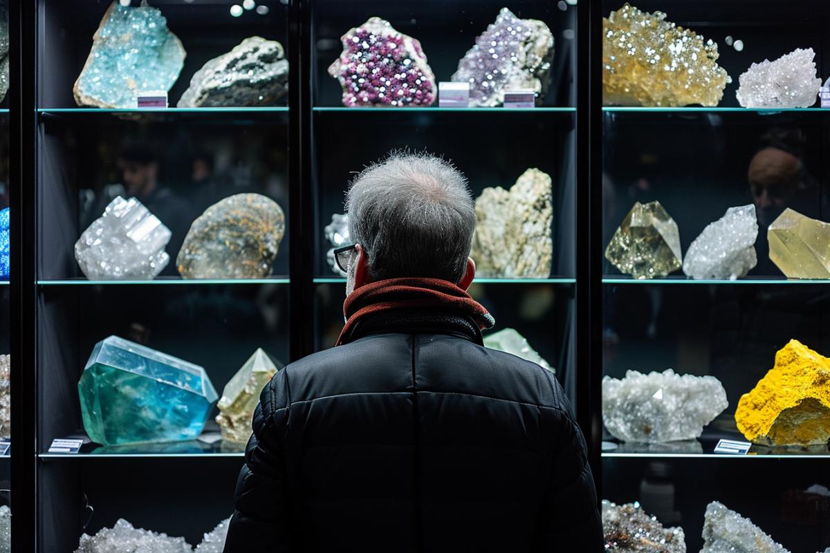 A man among a huge collection of gems and minerals. Collection of precious stones, tall cabinets with gems.
