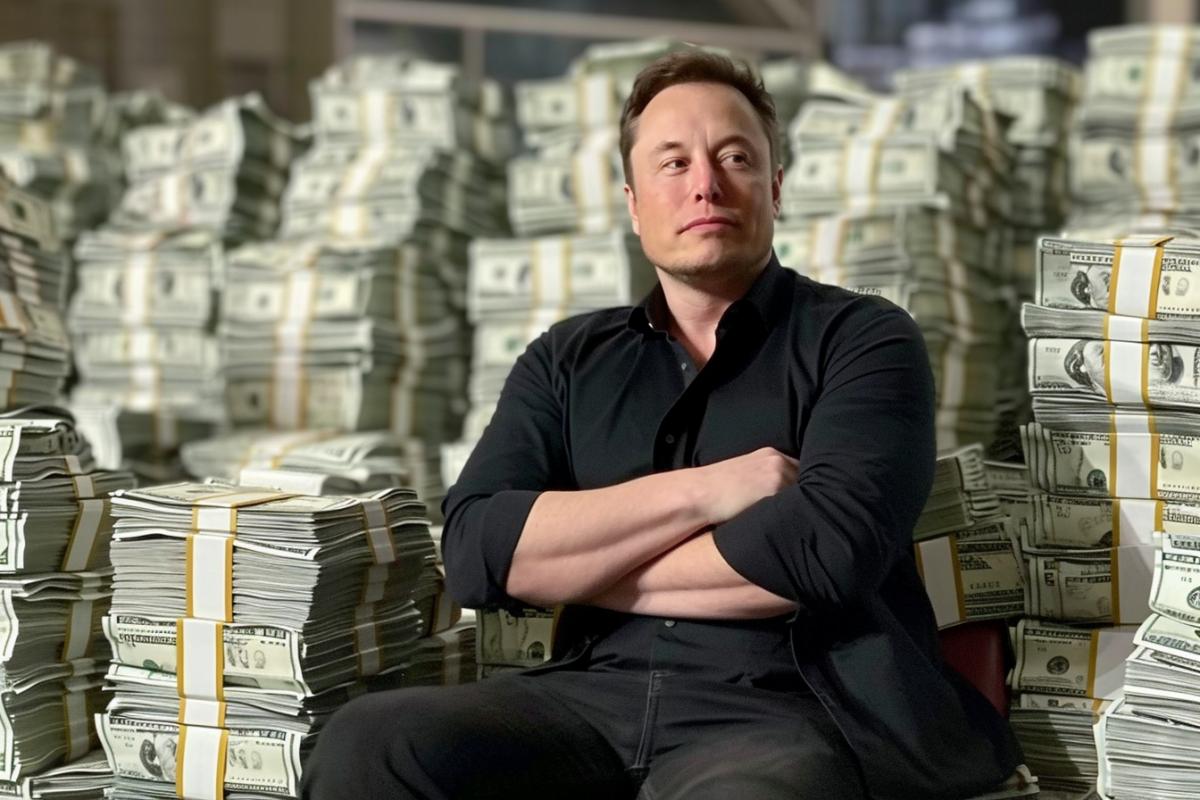 Photo of Elon Musk against the backdrop of a huge number of stacks of dollars.