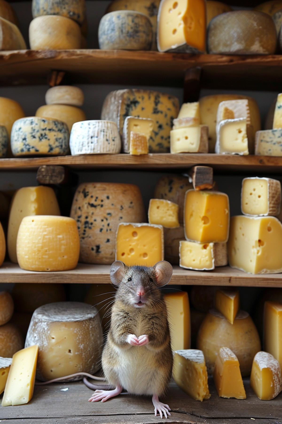 a mouse stands in front of shelves with a collection of different types of cheese