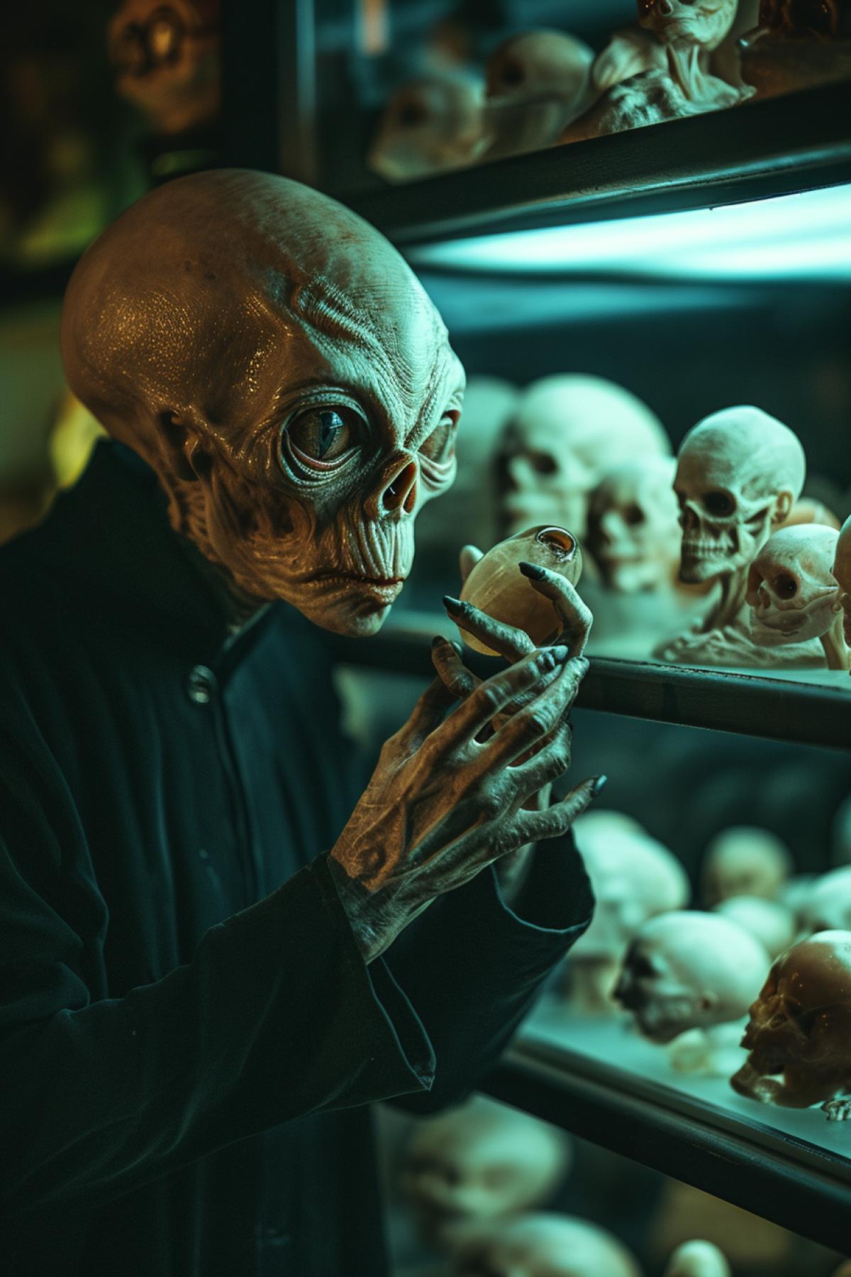Extraterrestrial alien detailed face enjoys his collection of dozens earth humans 4k on shelves behind glass Caucasian man mongoloid man dark skinid man