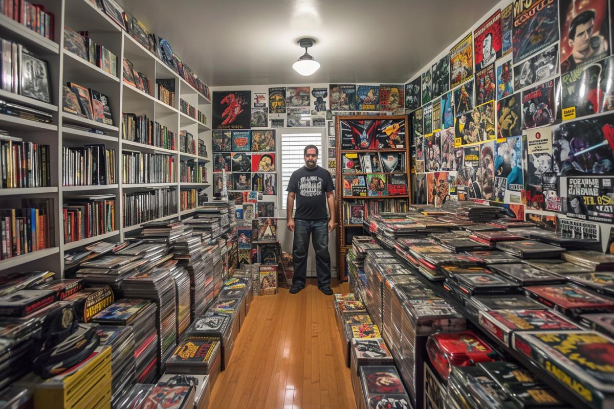 Collector standing with a huge collection of comics