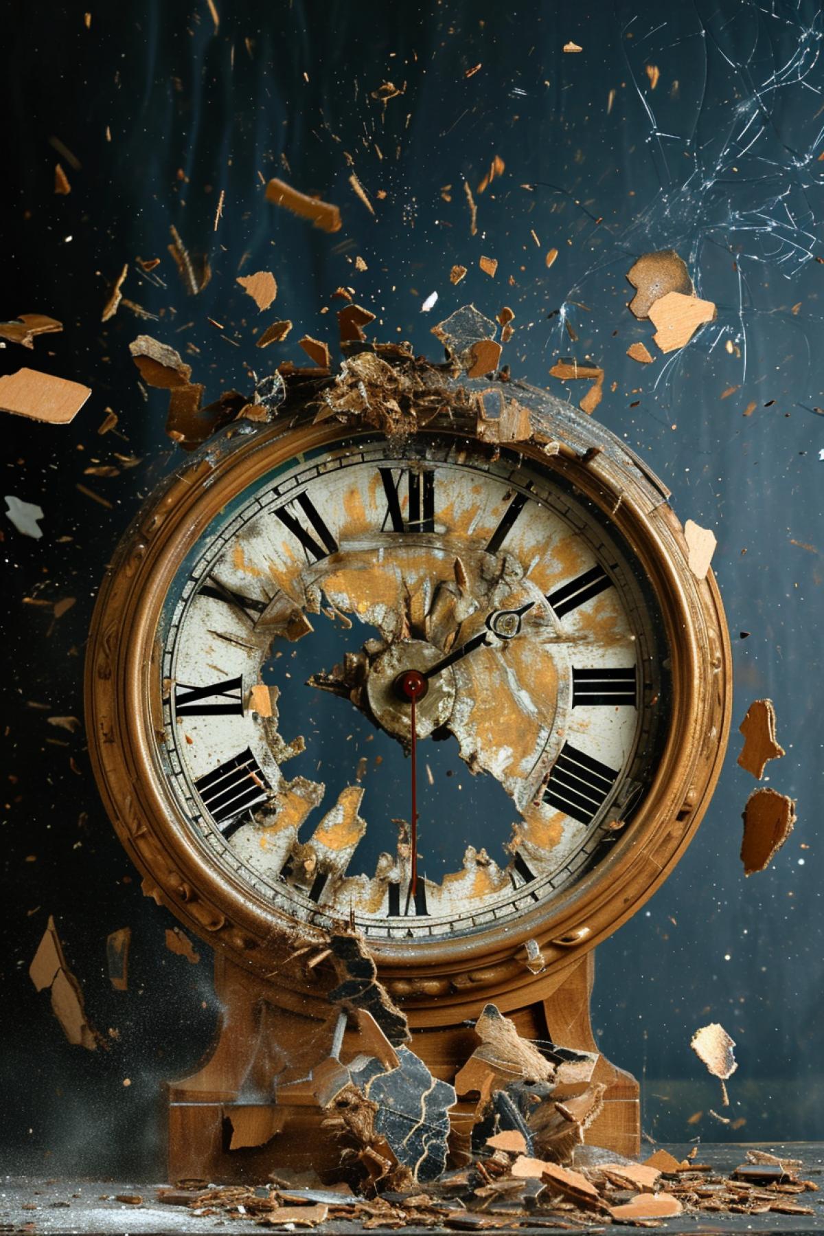 The clock breaks into pieces, symbolizing the failures and disappointments of the past time