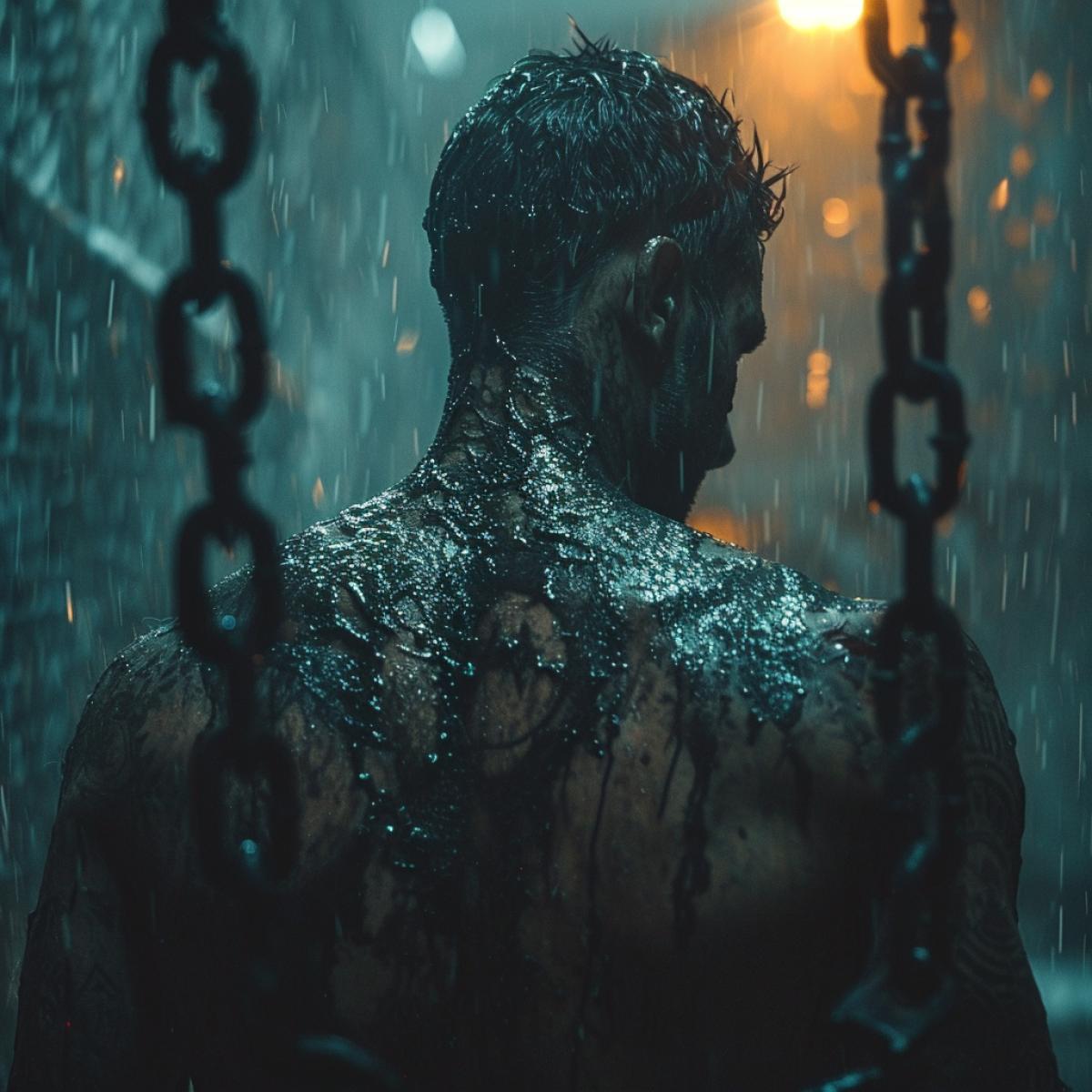 A photo of a men who has escaped from a prison of ice, with a broken and burned heart tattoo on her detailed. he has dropped and broken the chains that bound his, and is running towards the sun. The view is from behind, showing his transformation from a prisoner to a free person. The lighting is cold and dark, with a contrast between the ice and the sun. In the style of Frank Miller and Sin City.