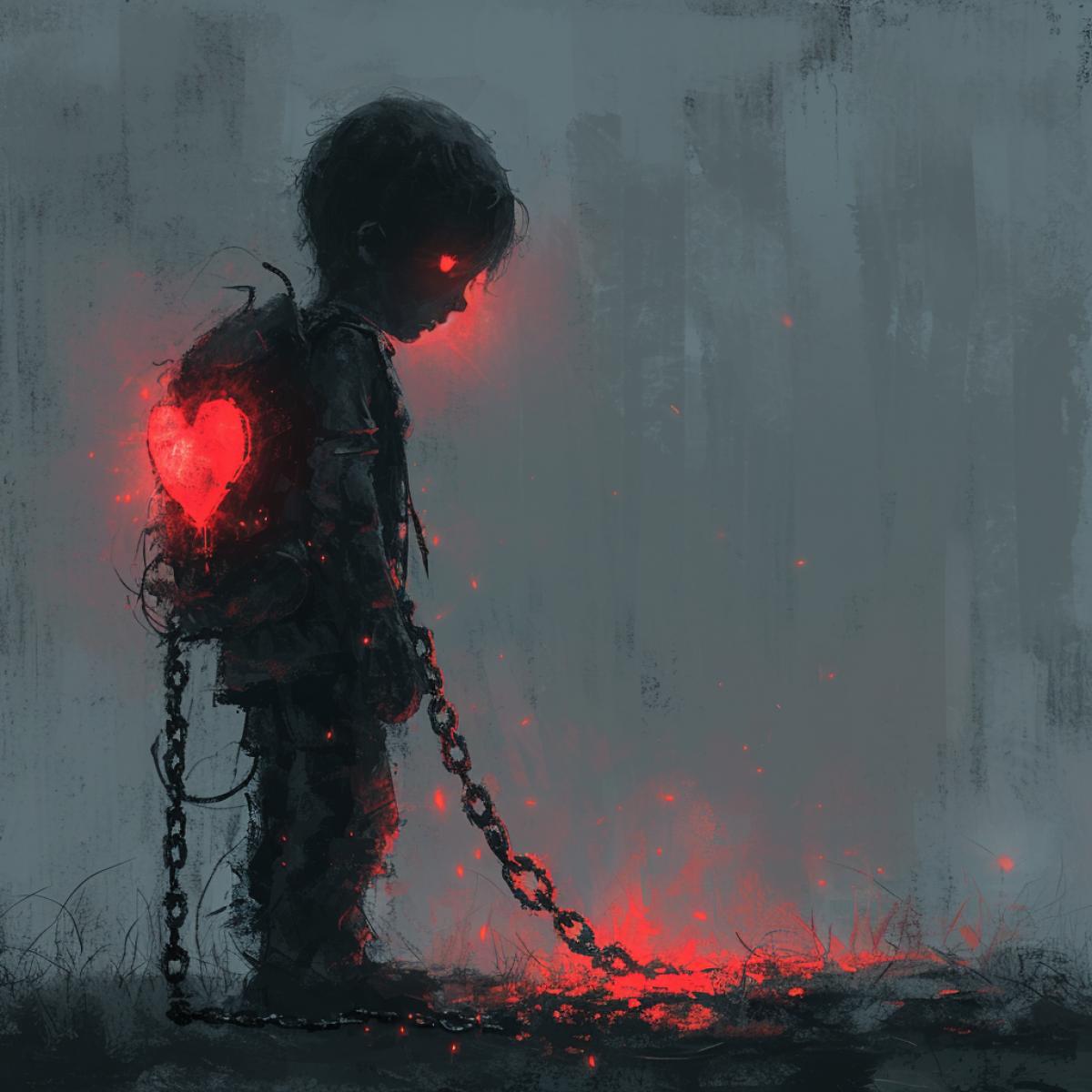 A sketch of a child who has discovered a magic portal, with a broken and burned heart sticker on his backpack. He has dropped and broken the chains that held him back, and is entering a new world. The view is from the side, showing his fear and curiosity. The lighting is dim and mysterious, with a contrast between the darkness and the light. In the style of Lewis Carroll and Alice in Wonderland.