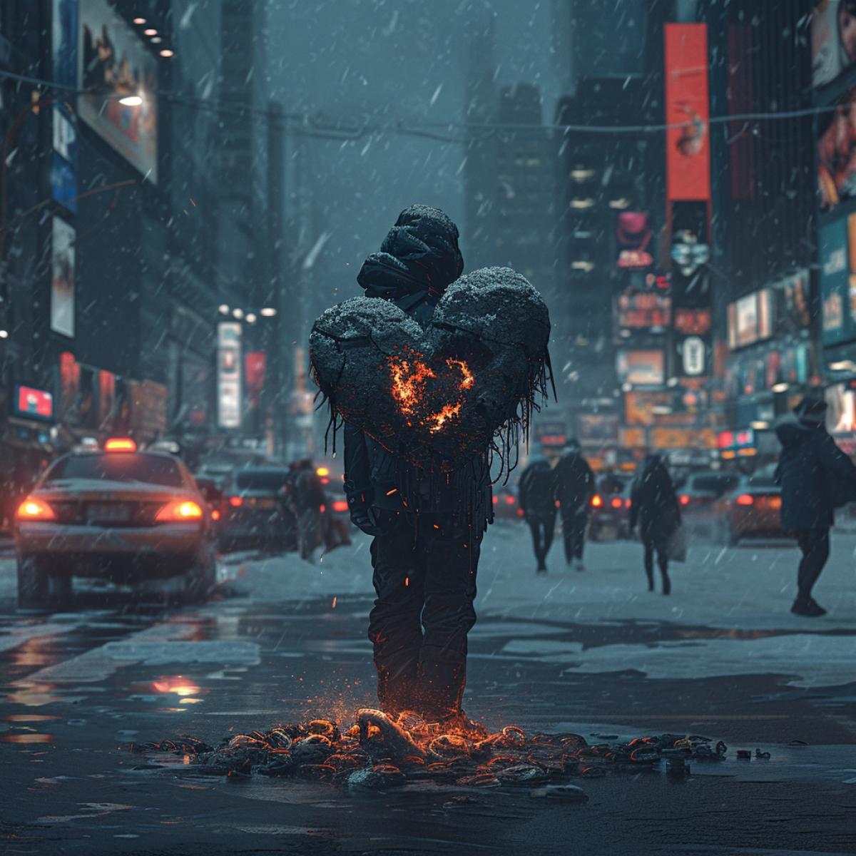 A man holds a cracked, charred stone heart covered in snow. Beneath his feet lie the fragments of broken chains. He stands in the middle of a busy street, a modern metropolis, the people and cars around him blurring into motion. In the style of sacha goldberger, epic fantasy scenes, miyamoto musashi, posted to reddit in 2019
