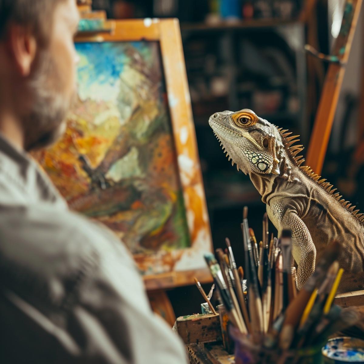 A man watches a lizard artist paint pictures. In the frame there is an easel with brushes and paint.