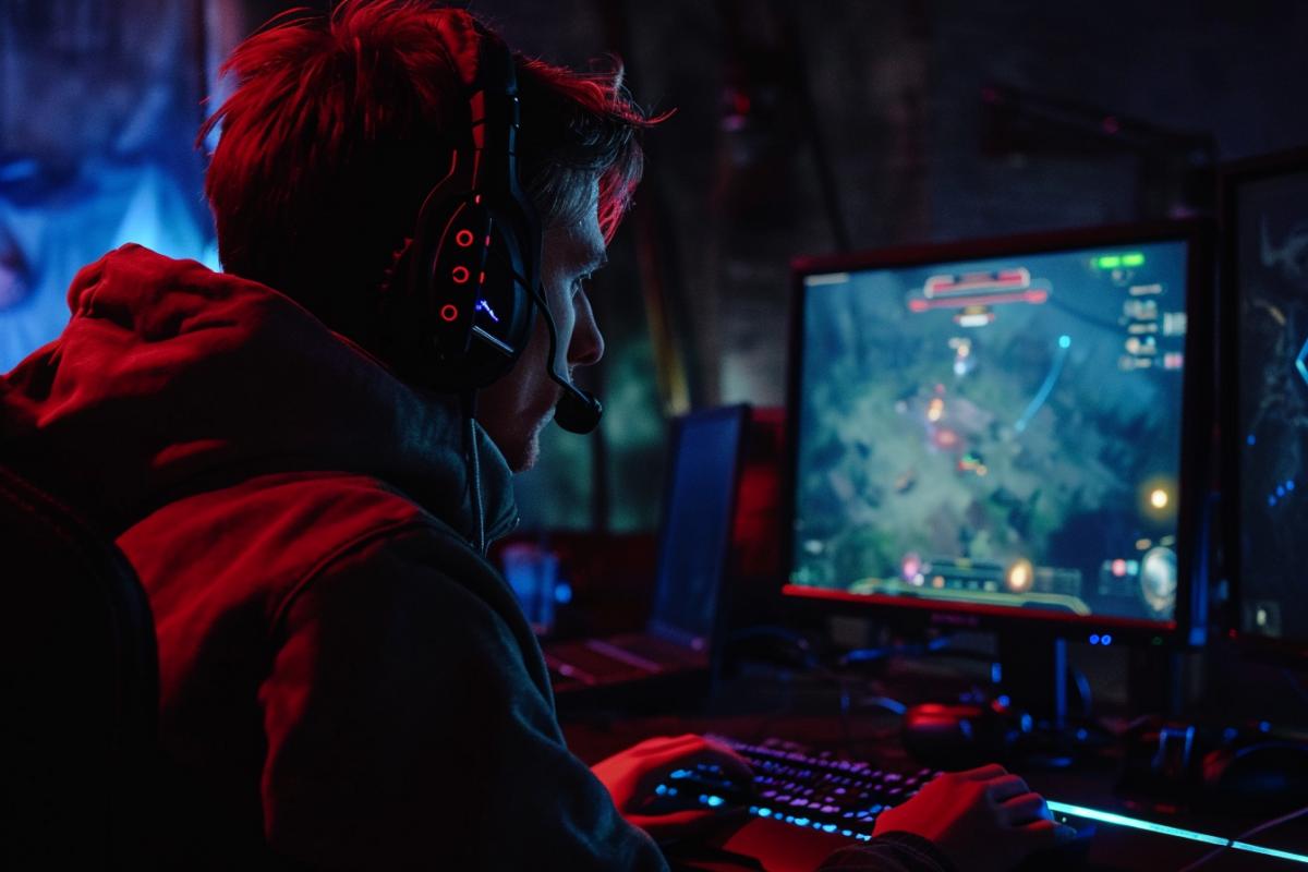 Man playing Dota, dark room