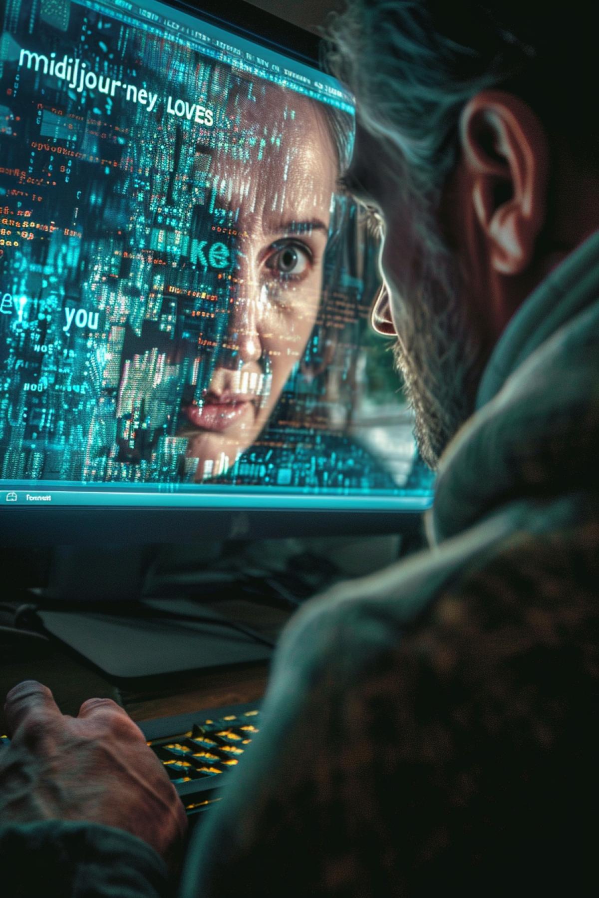 40-year-old handsome but very tired man in front of desktop computer with young extremely beautiful woman smiling breaking through screen and becoming three-dimensional alive digital world merges with reality words \"midjourney LOVES you\"