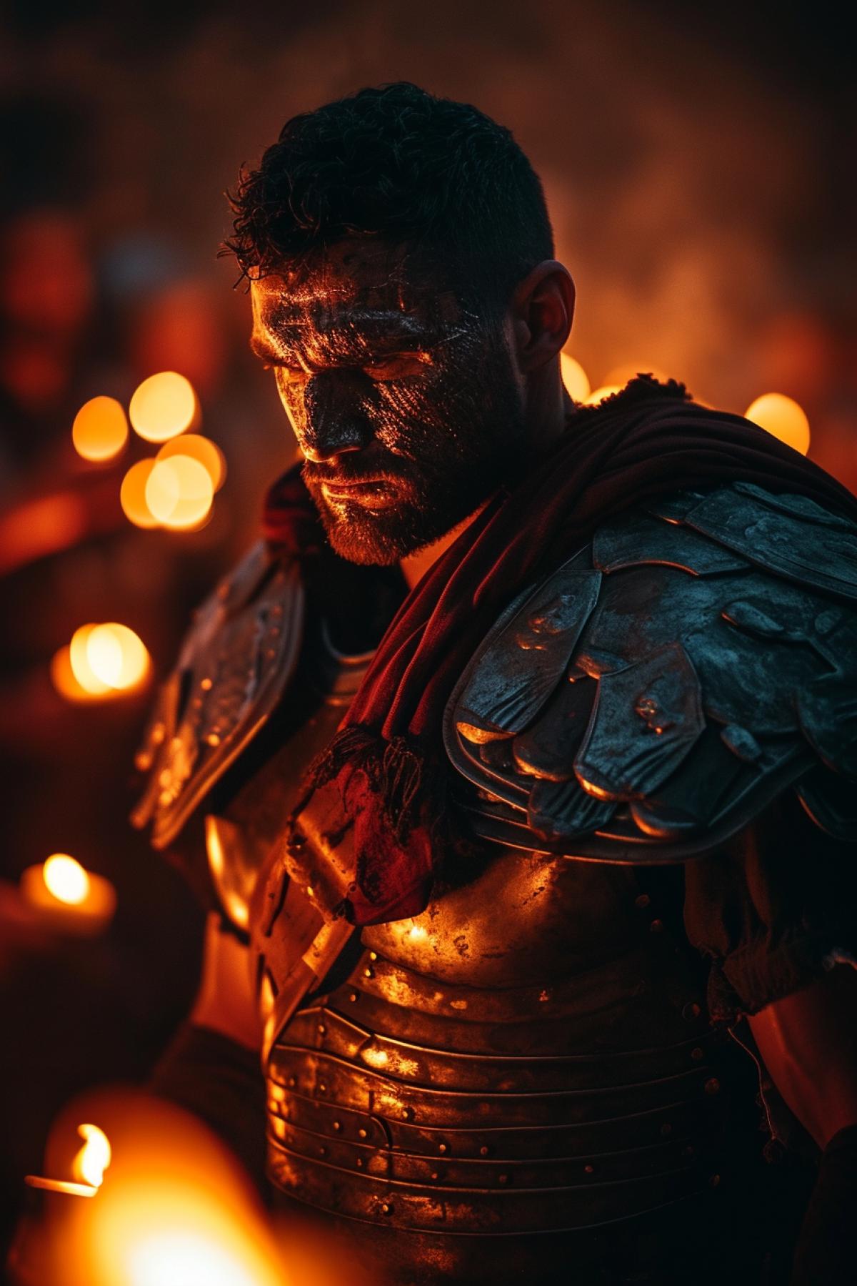The great gladiator, defeated in battle, stands majestically before the crowd. His face expresses pride and determination, despite the enemys victory. Candles smolder around him, creating an atmosphere of victory and inner strength.