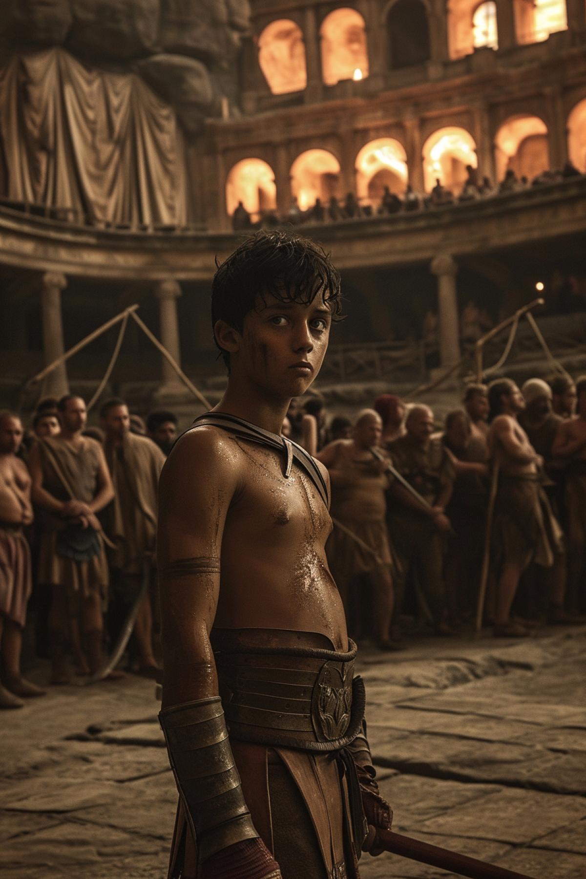 A young gladiator, starting his journey, trains in the deep dungeons of the Colosseum. His determined eyes sparkle with ambition, and the surrounding coaches and mentors watch him with interest. The glow of the arena can be seen in the background, promising future glory and recognition.