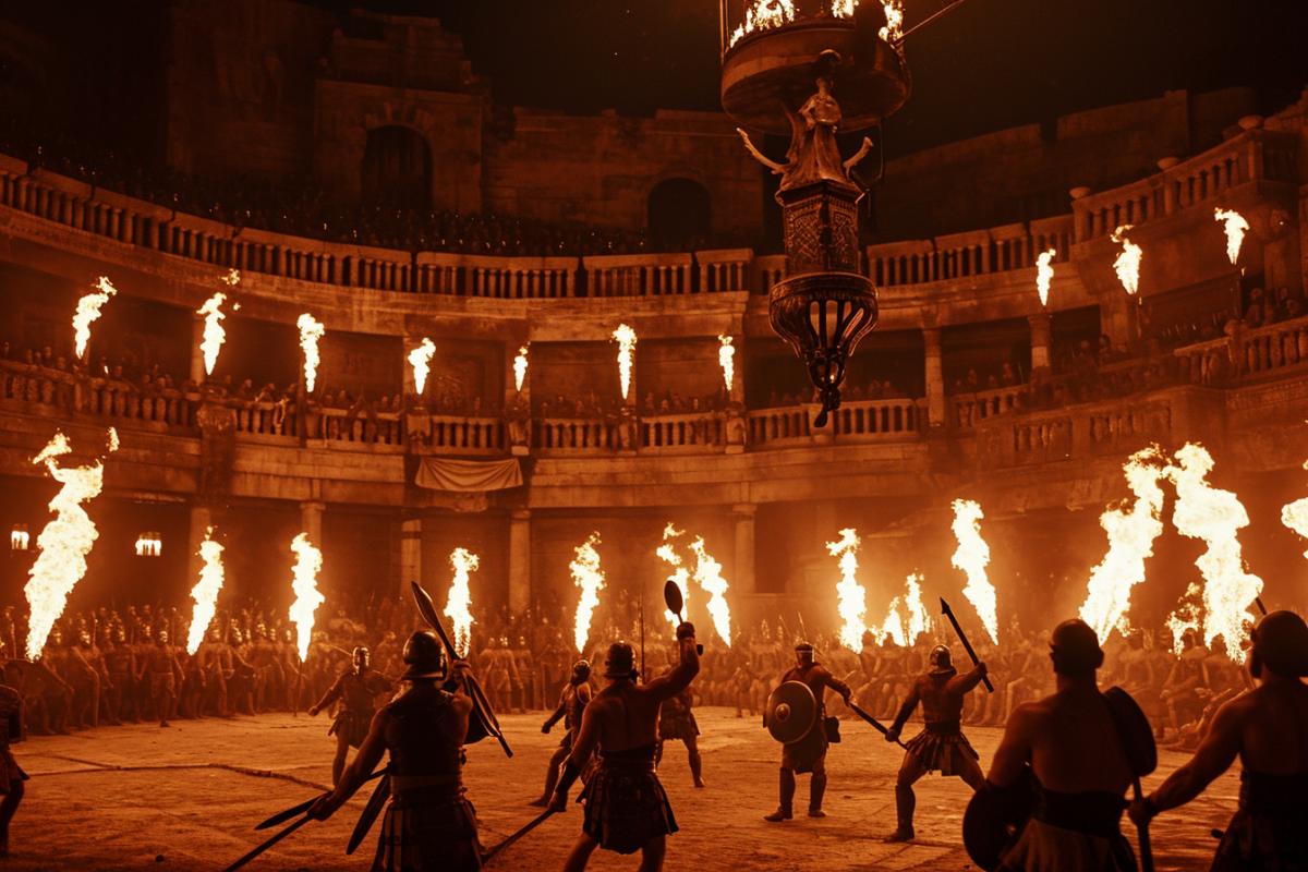 a group of gladiators fight for their freedom in the arena. They united in the fight against tyranny, raising an uprising. Fire torches illuminate the stage, creating a tense atmosphere of hope and resistance.