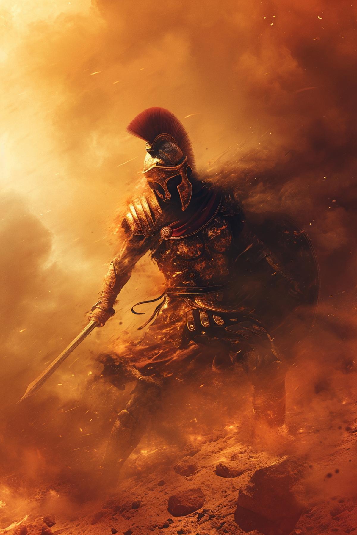 In the desert arena, the evening sun creates fiery hues. A gladiator in fiery armor towers over a defeated enemy, surrounded by clouds of smoke. This picture conveys the drama and passion of the fight, turning it into a legend.