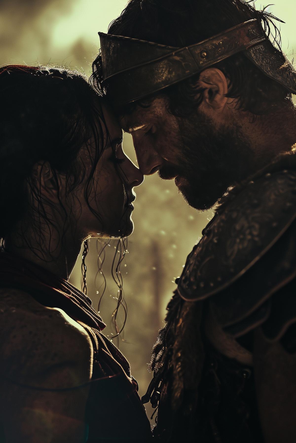 A gladiator, obsessed with love, fights with despair in his eyes to save his captive lover. Their embrace reveals hope and passion, creating a moving picture of love in the face of extreme danger.