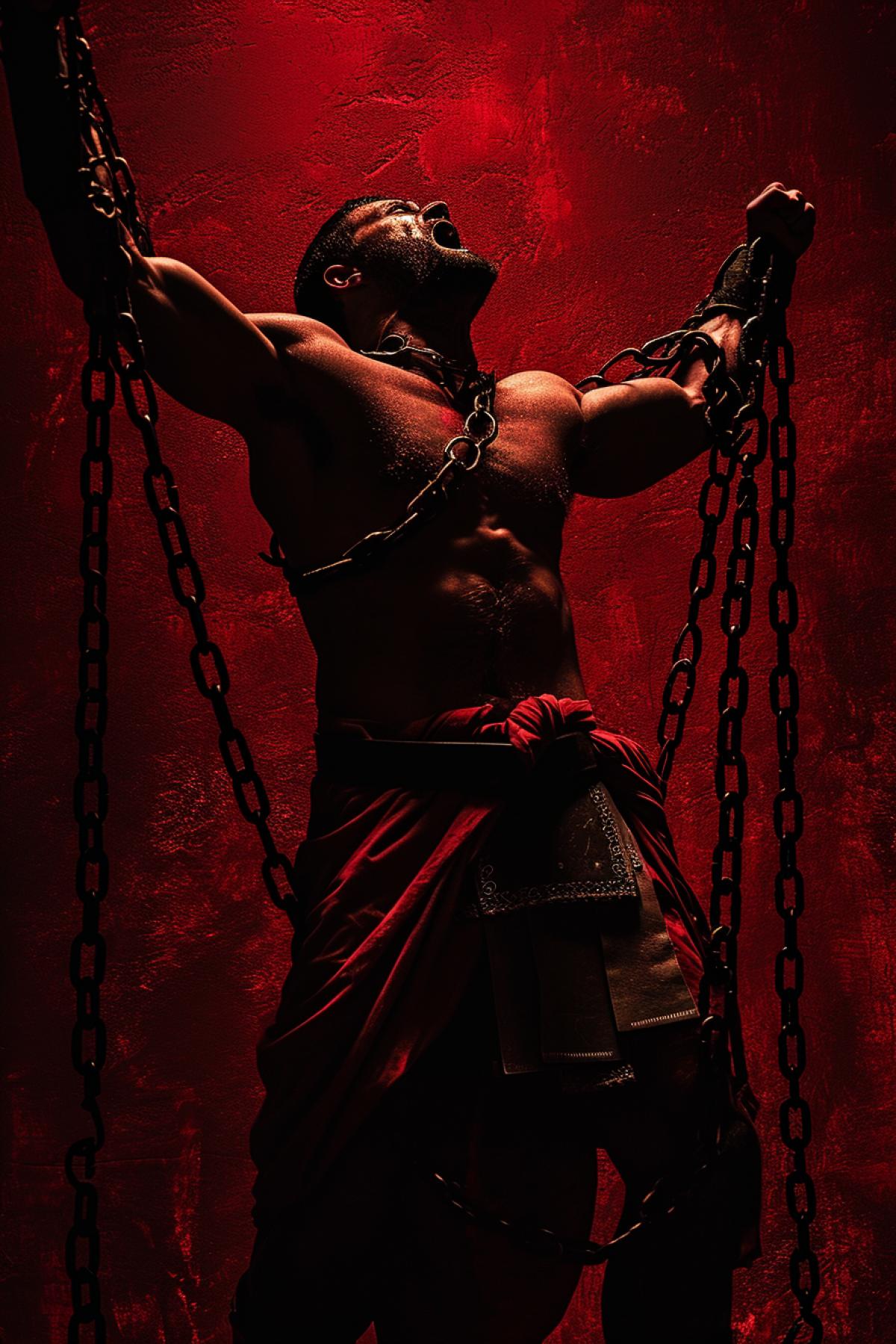 Gladiator breaking his chains, dark and red colors