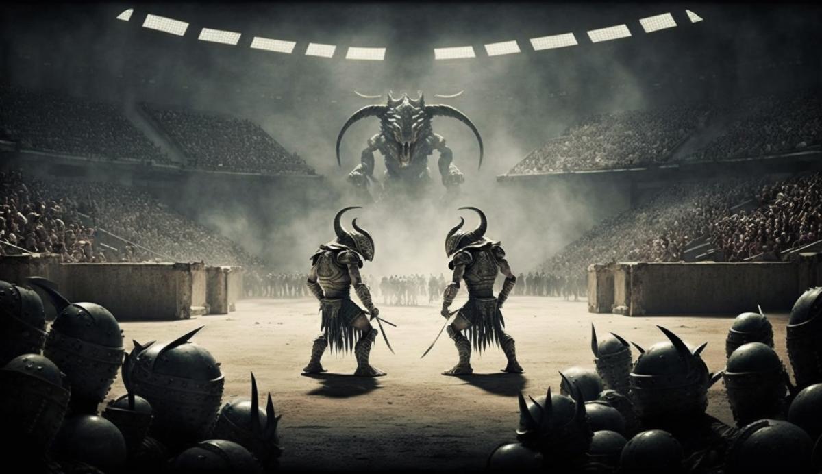 Alien gladiators and predators gladiators in the arena.